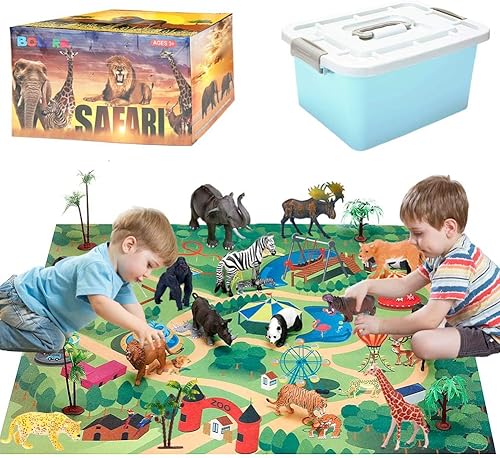 Figuras de animales de safari juguetes con alfombra de juego y árboles de plástico realista figuras de animales del zoológico salvaje juego con