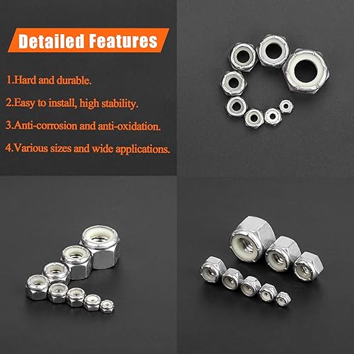 Miniatura 4 de HELIFOUNER Kit surtido de tuercas hexagonales de nailon de 8 tamaños, 225 piezas, acero inoxidable 304 (#4-40 a 12"-13)