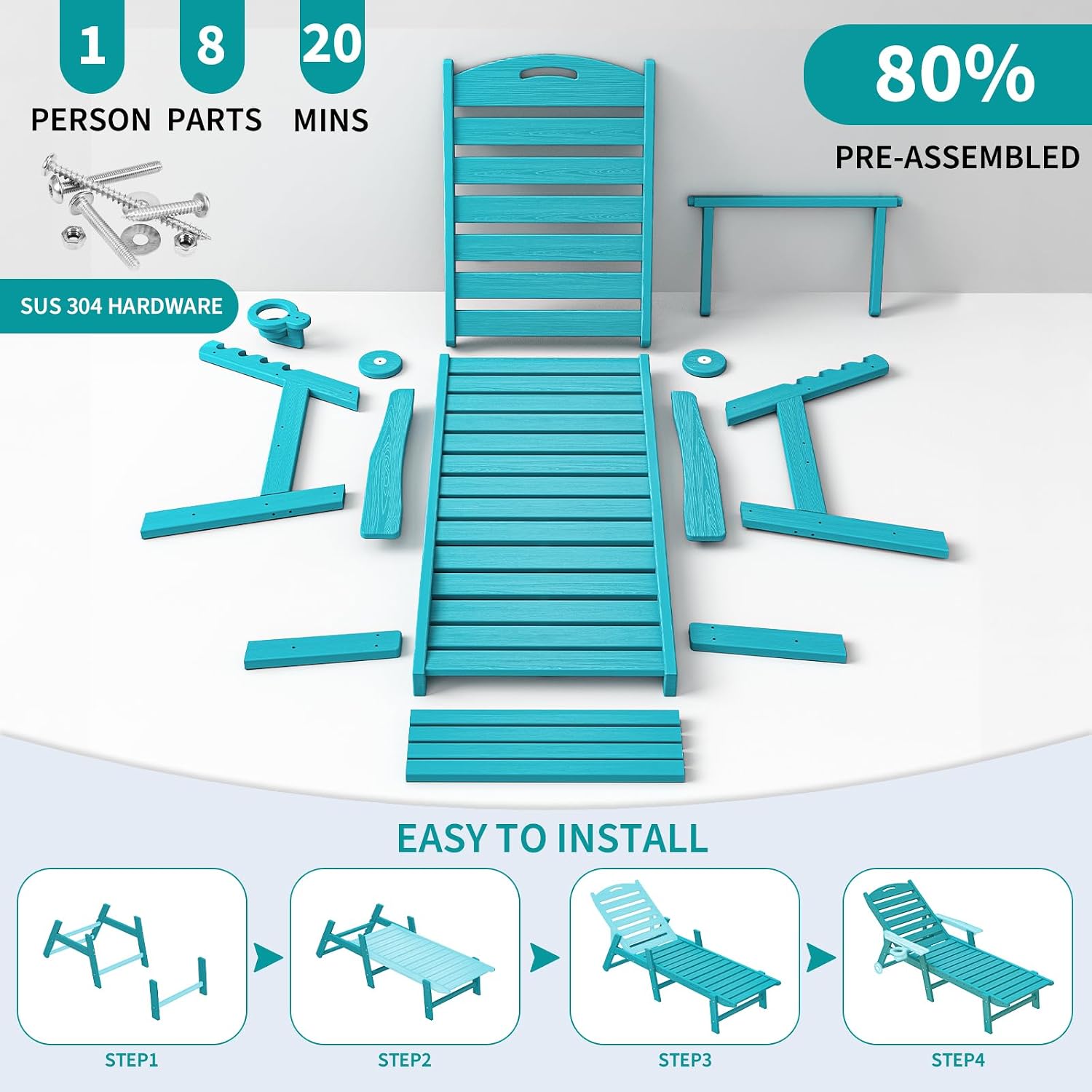 Plawdlik Oversized Patio Chaise Lounge Set of 2, 5 Positions Adjustable HDPE Outdoor Lounge Chair with Rolling Wheels & Cup Holder,All-Weather for Poolside, Beach, Garden - Aruba Blue