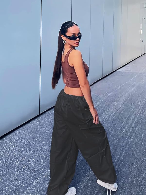 Xineicy Parachute Pants for Women Drawstring Baggy Cargo Pants Y2K Trouser Low Rised Jogger Sweatpants Loose Hip Hop A Black by Xineicy - Used condition - Image 6