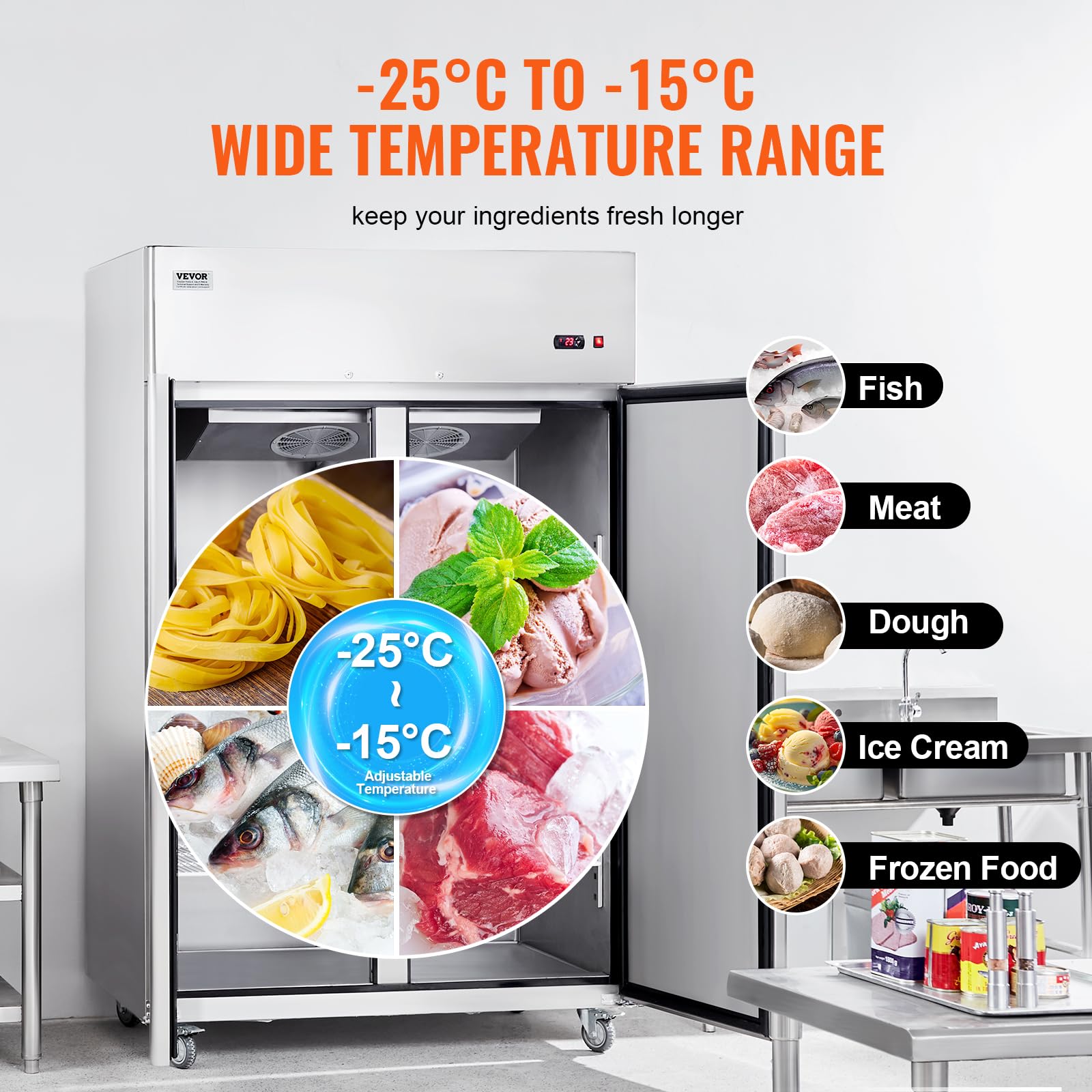 VEVOR Congelatore Commerciale 1382 x 800 x 2110 mm Congelatore Verticale a 2 Porte 1252 L in Acciaio Inossidabile con Sbrinamento Automatico, 6 Ripiani Regolabili, Controllo Temperatura -25 a -15°C