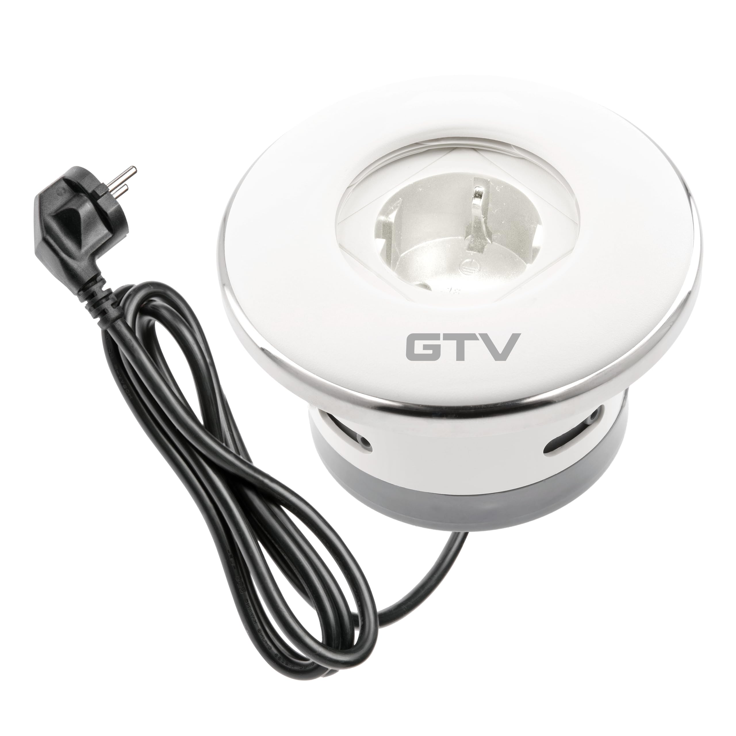GTV - Presa per mobili SHUTTER, presa da incasso, 1 presa Schuko, con pratica chiusura, lunghezza cavo 1,5 m, colore bianco, per scrivania, tavolo, cucina e ufficio