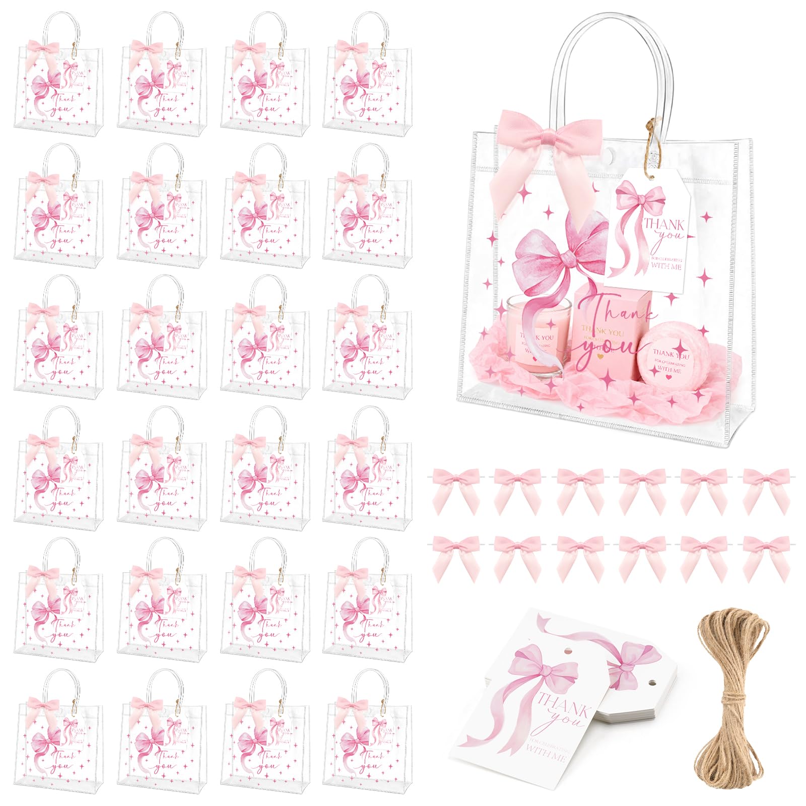 jijAcraft 24Pcs Clear Thank You Gift Bags: Pink PVC Gift Bags with Handles