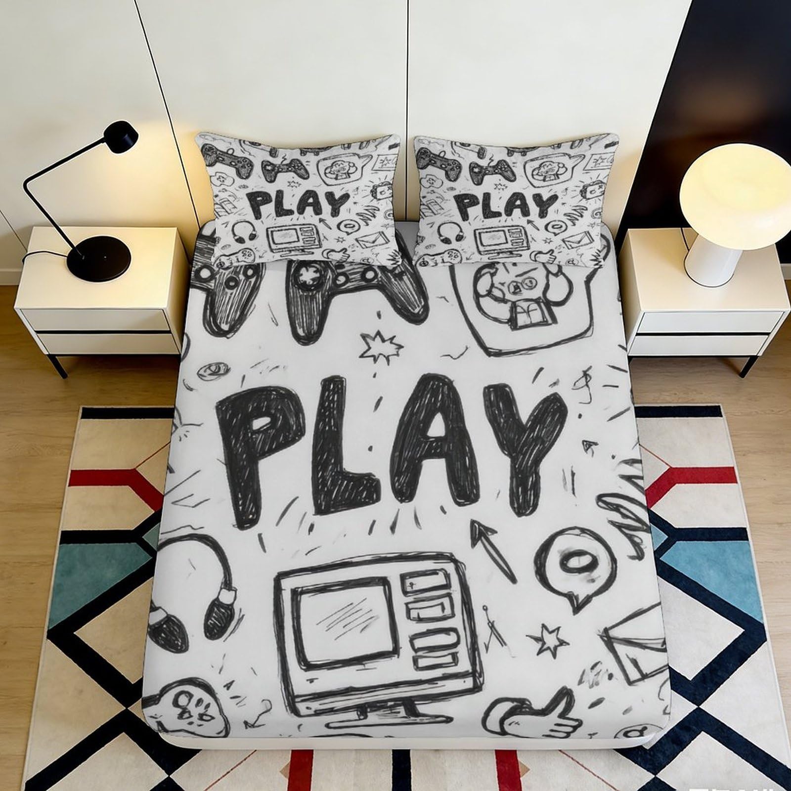 Wtorimpel Style-4 3D Printed Gaming Pattern Fitted Sheet Microfiber Deep Pocket Non-Slip Full Wrap Bedroom Mattress Fitted Cover For Teens 140X200x25cm