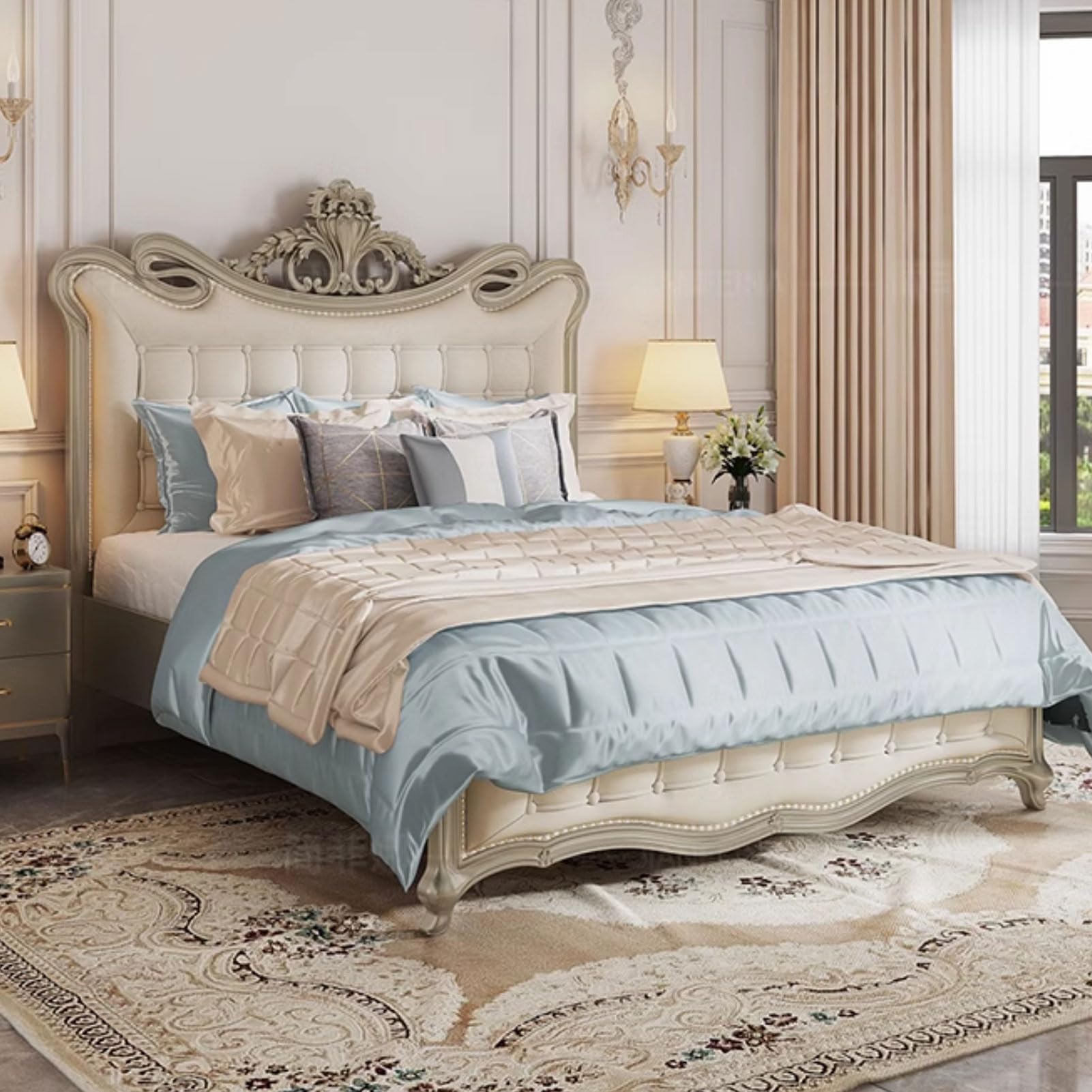 Modern King Size Genuine Leather Bed Storage Platform Bed Frame with Headboard and Storage Drawers No Box Spring