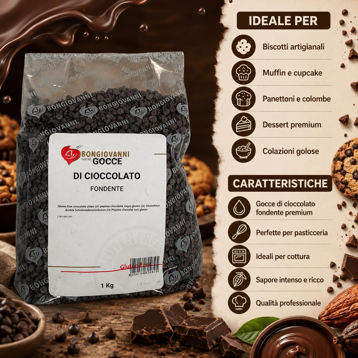 Bongiovanni Bontà Naturali Pépites de Chocolat Noir Sans Gluten 1 kg