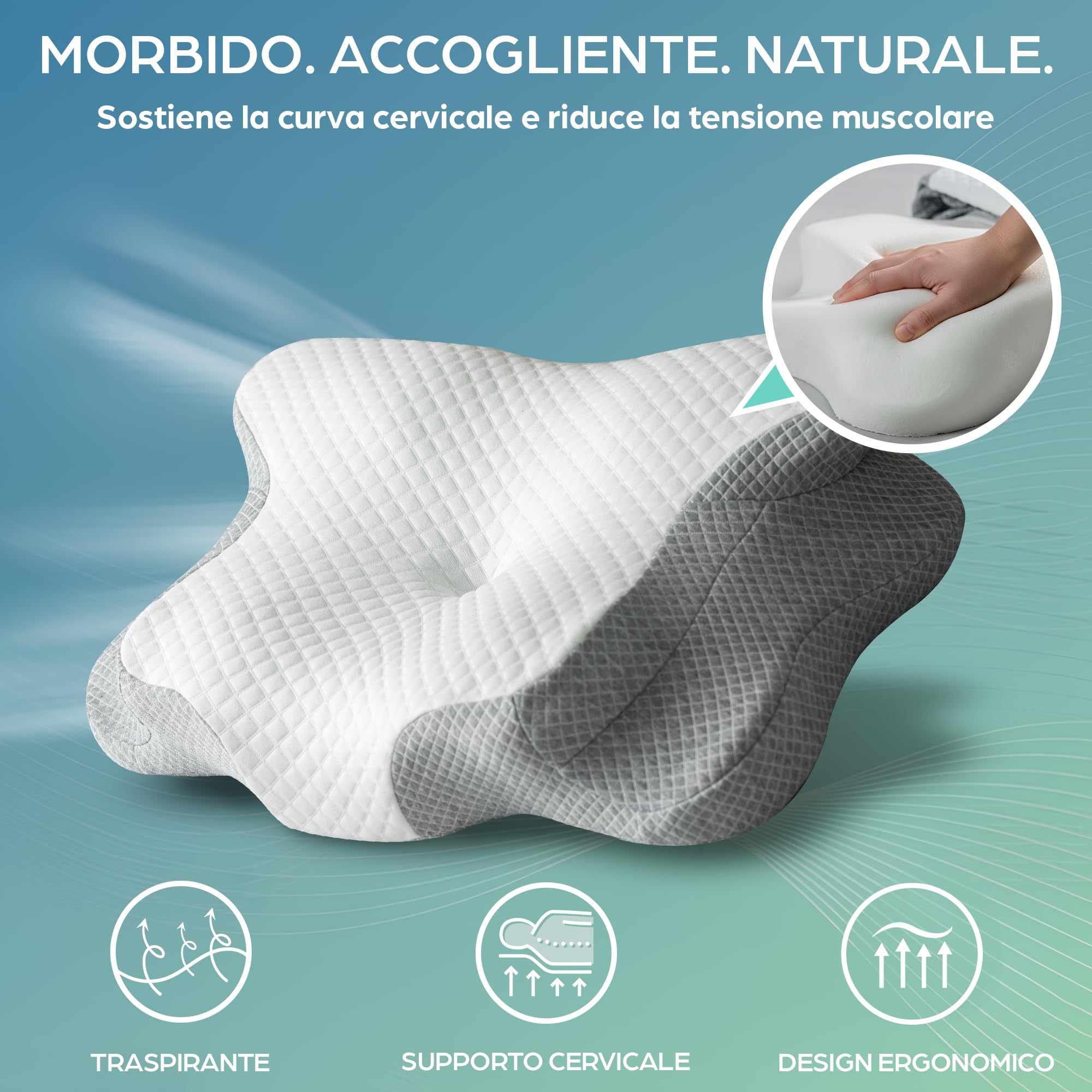Flowen Cuscino Cervicale Memory Foam per Dormire Ortopedico Guanciale Ideale per Supporto al Collo Ergonomico Traspirante Antirussamento Anallergico Federa Lavabile