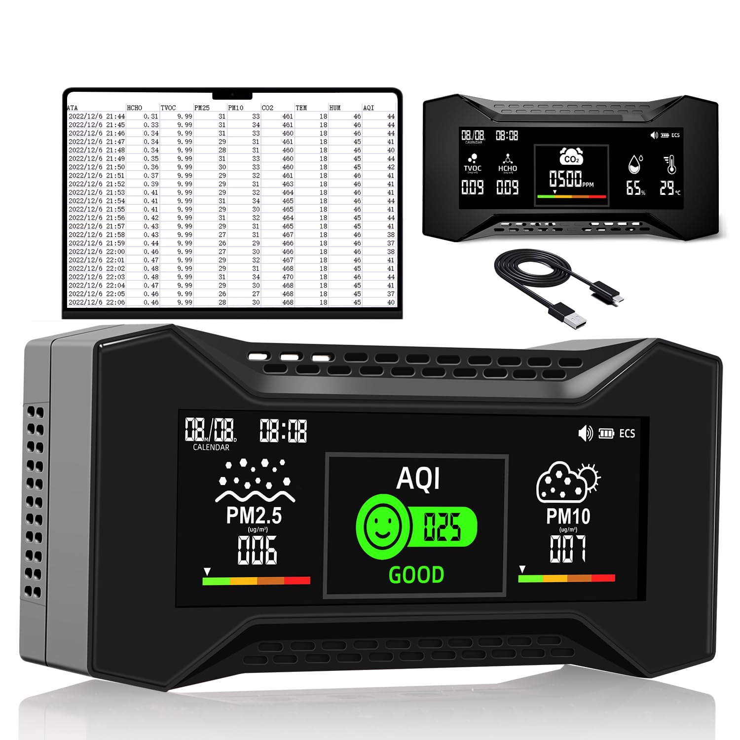 CF-20 DL Misuratore Della Qualità Dell'Aria Con Report Dei Dati, Rilevatore CO2 Che Misura CO2, TVOC, HCHO, PM2.5, PM10, AQI, Temperatura e Umidità, Display Visivo Basato Su Simboli Per Casa