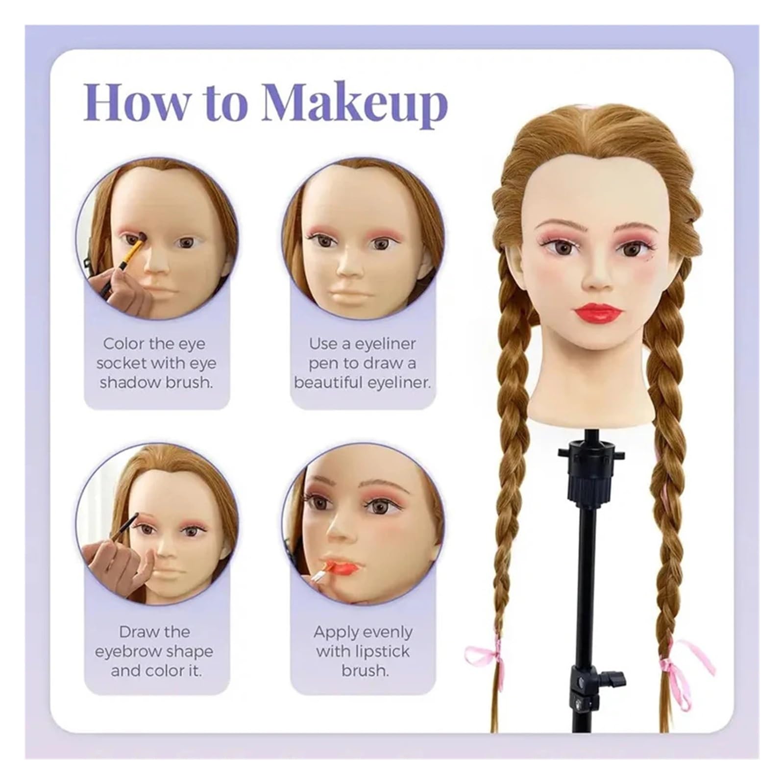 Schönheits-Mannequin-Übungspuppenkopf | Mit Tischständer und Haarstyling-Set 24 Zoll synthetisches Make-up(Golden)