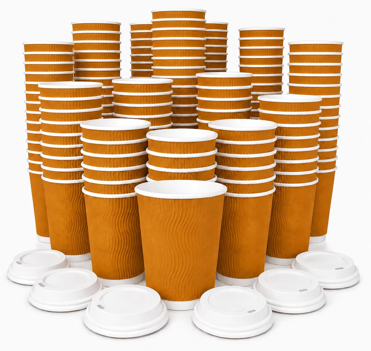GCM Takeaway Coffee Cups with Lids | Disposable Insulated Triple Wall Ripple Kraft Paper Coffee Cups for Takeaway Coffee, Tea or hot Liquids | Pack of 500 (12 OZ), Brown