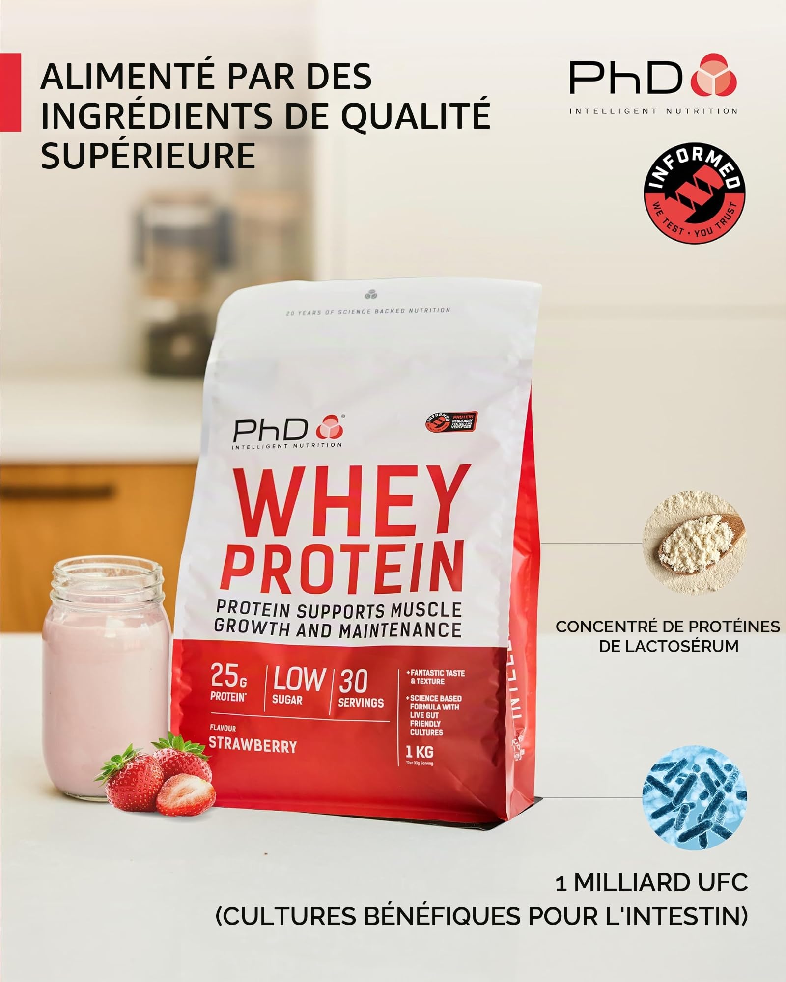 PhD Nutrition Poudre de Protéine de Lactosérum 1kg Fraise – avec 25g de Protéines Informed par Portion, Enrichi de Cultures Bien Tolérées