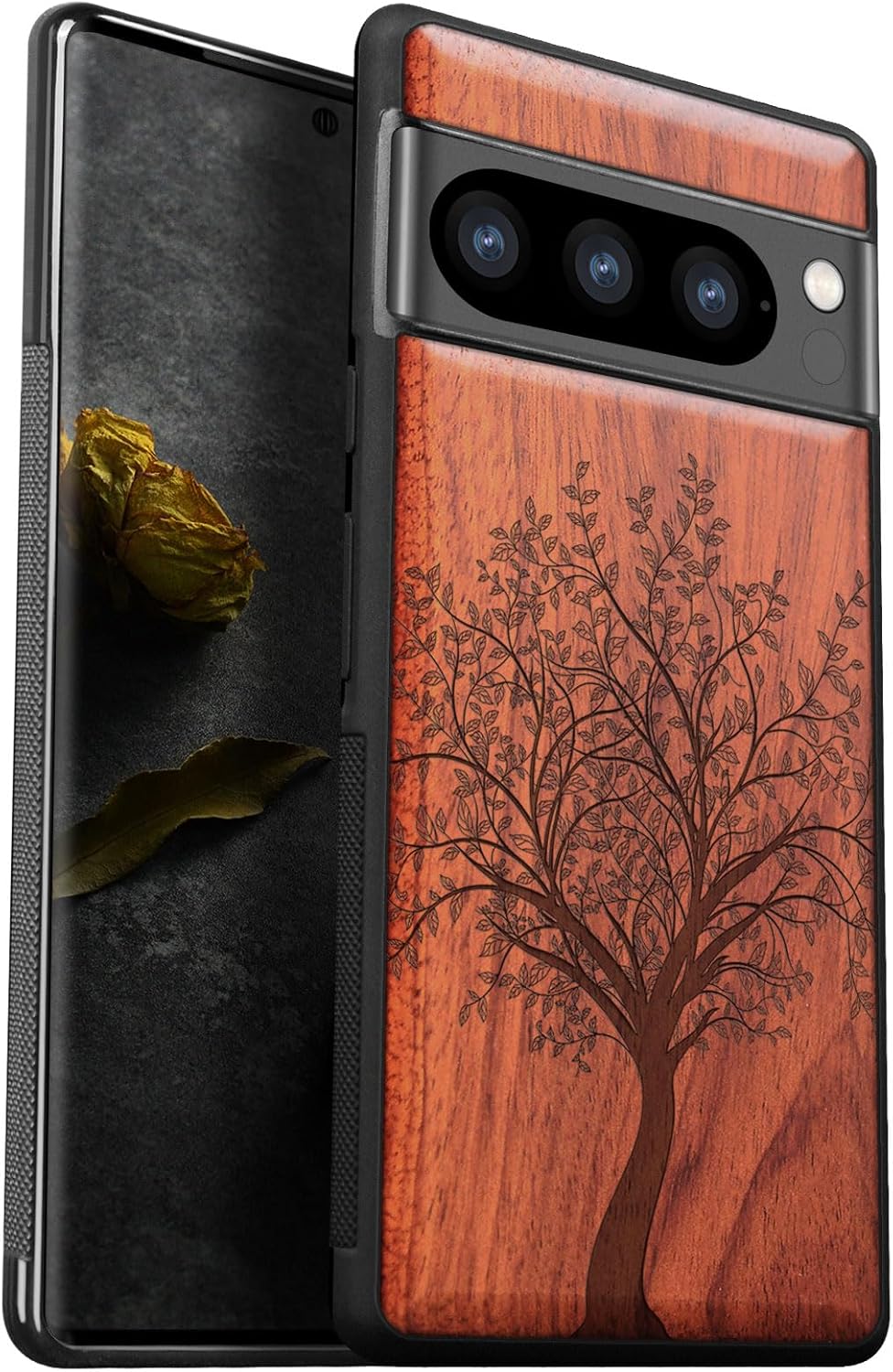 Carveit Wood Case for Pixel 8 Pro Case [Natural Wood & Black Soft TPU] Shockproof Protective Unique Wooden Cover Compatible with Google Pixel 8 Pro (Leafy Tree-Rosy)