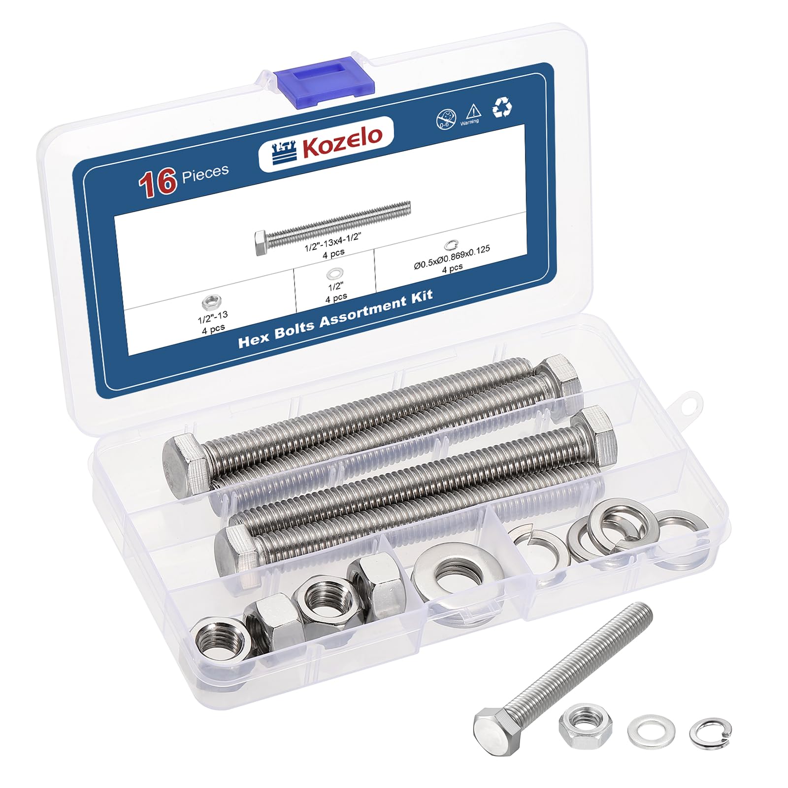 Kozelo 16 Pcs Bolts and Nuts Washers Kit - [1/2"-13x4-1/2"] 304 Stainless Steel Hex Tap Bolt Assortment Fully Threaded Hexagon Head Machine Bolts Right Hand, Silver Tone — image 1