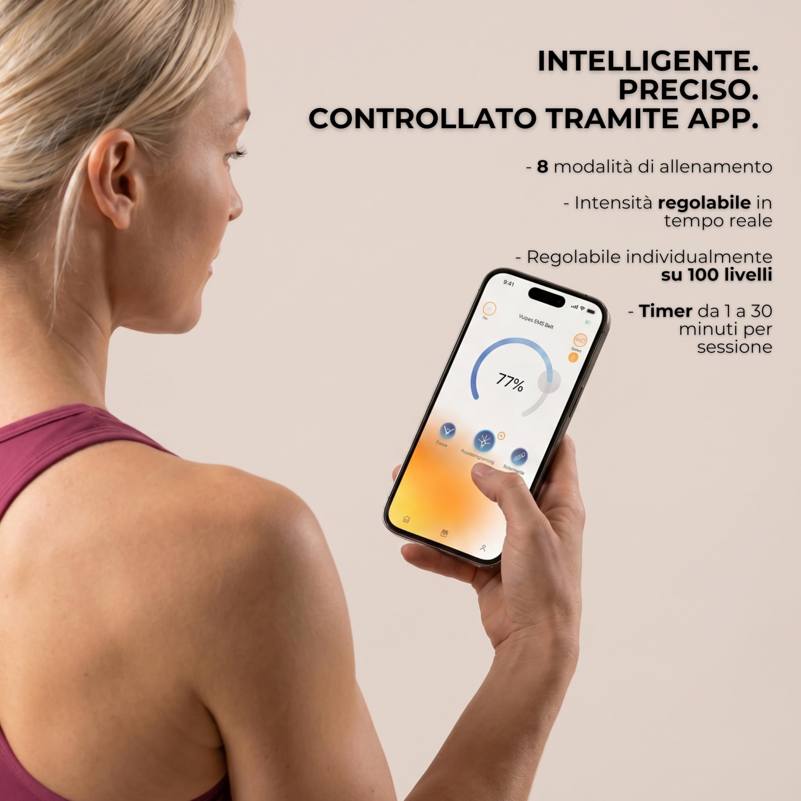 Vulpés Fascia EMS Smart Core con App – Addominali e Zona Lombare, elettrostimolazione controllata per Workout e Recupero (6 elettrodi, 8 modalità).