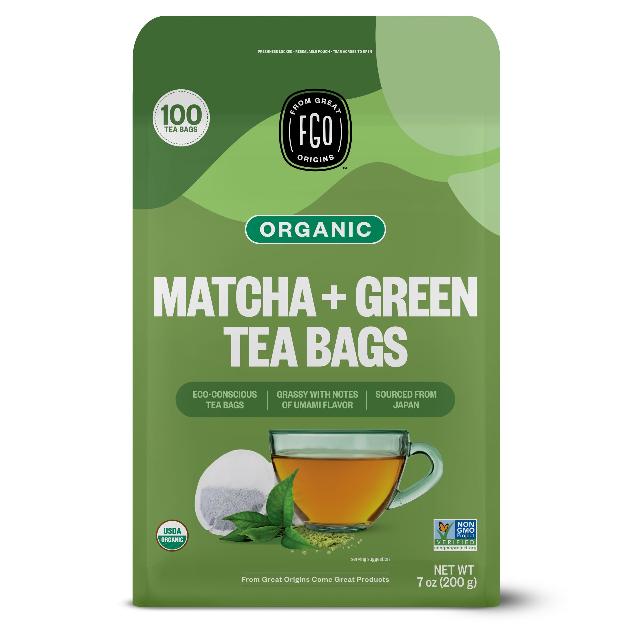 Organic Japanese Matcha + Green Tea, 100 Count, Eco-Conscious Tea Bags, Resealable Bag, Packaging May Vary (Pack of 1)