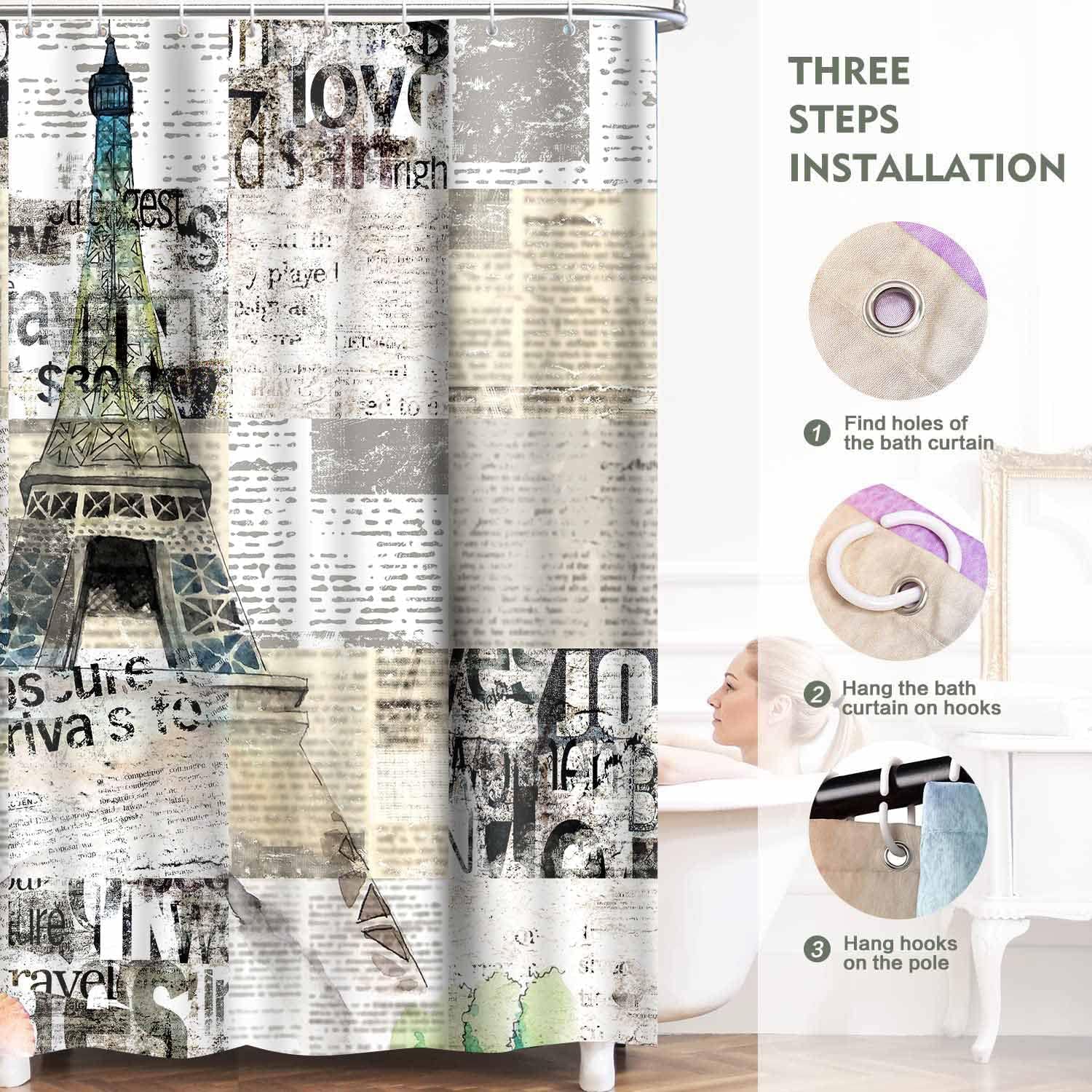 Paris Eiffel Tower Shower Curtain, 72x72 inch Polyester, Retro Old Newspaper Bathroom Curtains, Paris Cityscape Fabric Bathroom Bathtubs Decor Curtain Set with 12 Hook YLWZTP17