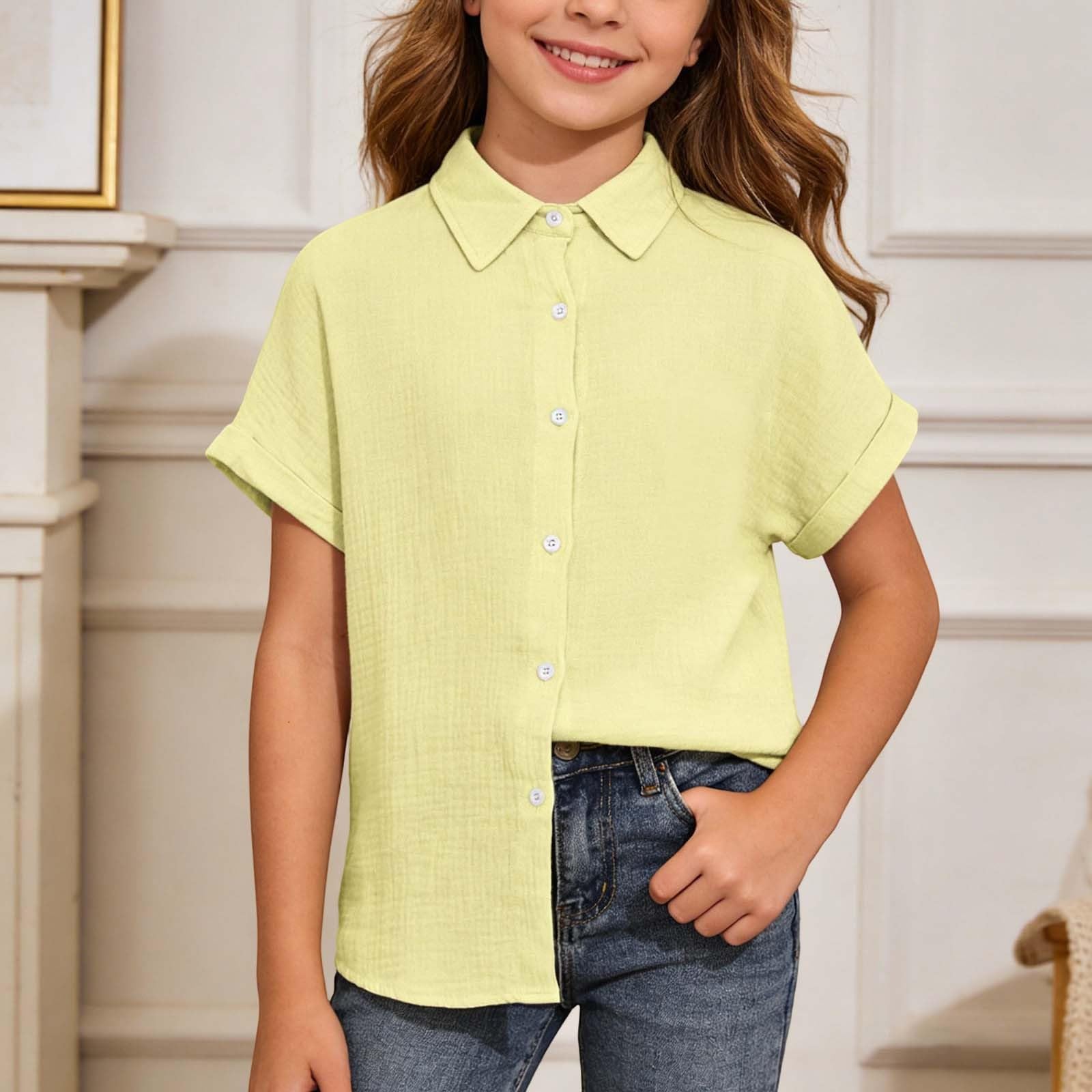 Camisa con botones para niña monocolor manga corta transpirable