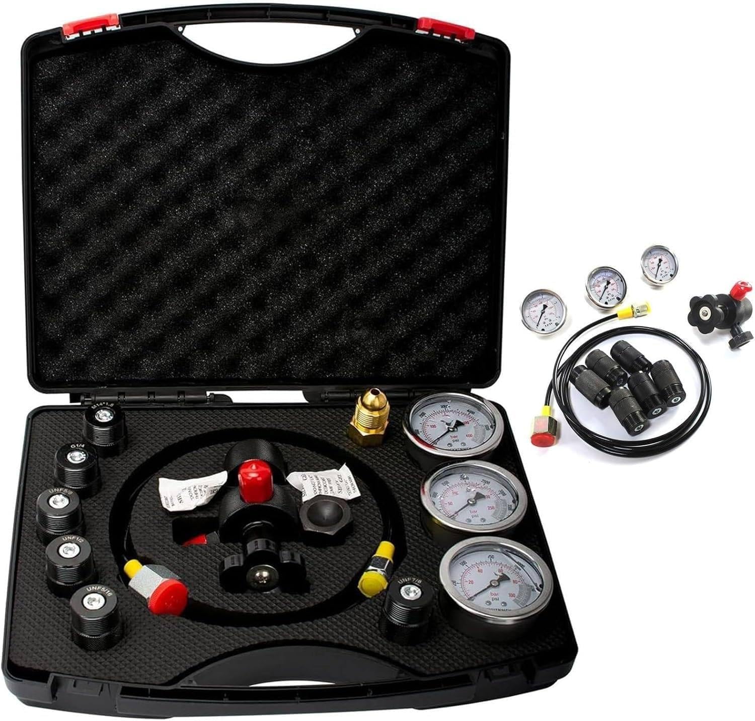 UORDBY Pressure test for hydraulic accumulators, nitrogen filling kit with 7 Couplings, 3 Gauges, and 1 Gas Hose, hydraulic accumulator pressure test kit, for gas filling