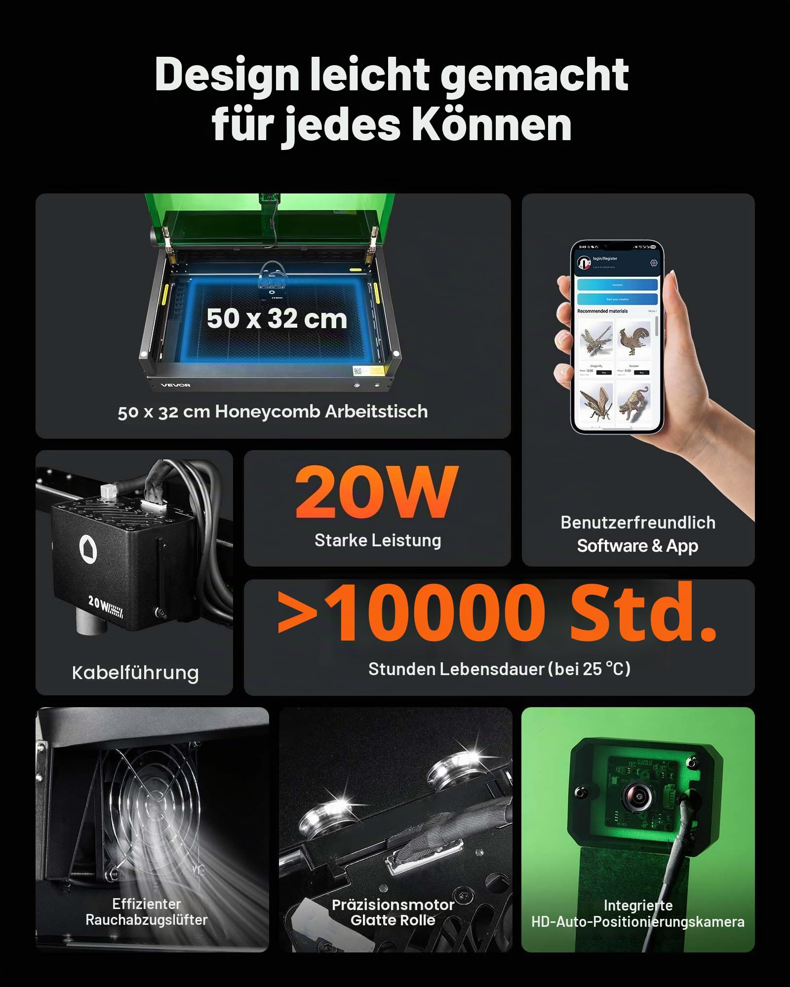 VEVOR Lasergravierer, 20 W, Lasergravur- & Schneidemaschine mit integrierter Kamera, Laserschneider, 36.000 mm/min, Arbeitsbereich 50 x 32 cm, für Holz, Leder, Glas, Papier, bestimmte Metalle,Klasse 1