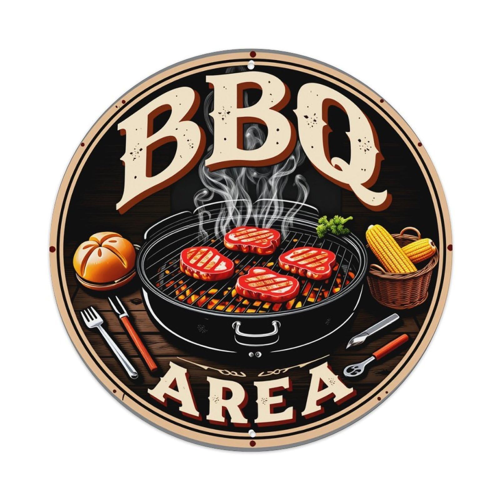 Bbq Grill Meat Smoke Corn Round Tin Sign Vintage Metal Poster, Home Bar Garage Man Cave Cafe Indoor & Outdoor Wall Decoration 8x8Inches