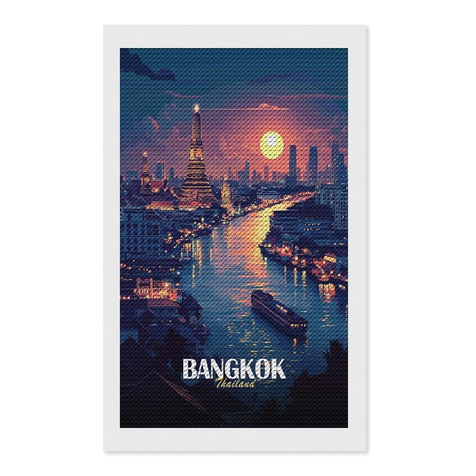 Junmoney Bangkok Thailand Cityscape at Sunset DIY Diamond Art Canvas Kit 12"x20", Complete Accessories, Creative Leisure Activity, Home Wall Decor, Gift Idea