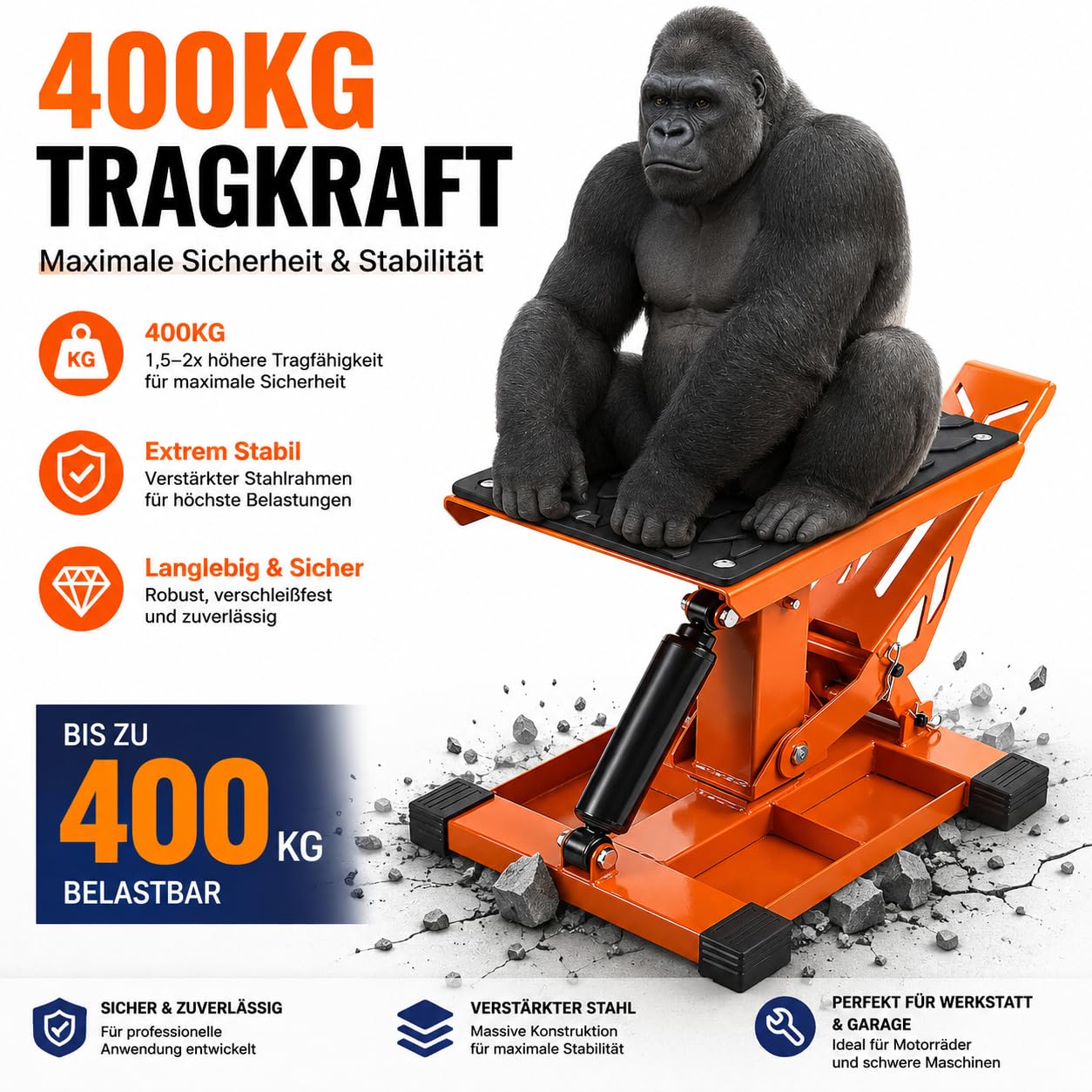 Motorradhebebühne 400 kg mit 3 Werkzeugablagen und Fußpedal Hydraulisch | 4-fach höhenverstellbar für Wartung, Reifenwechsel und Reparaturen in Garage und Werkstatt