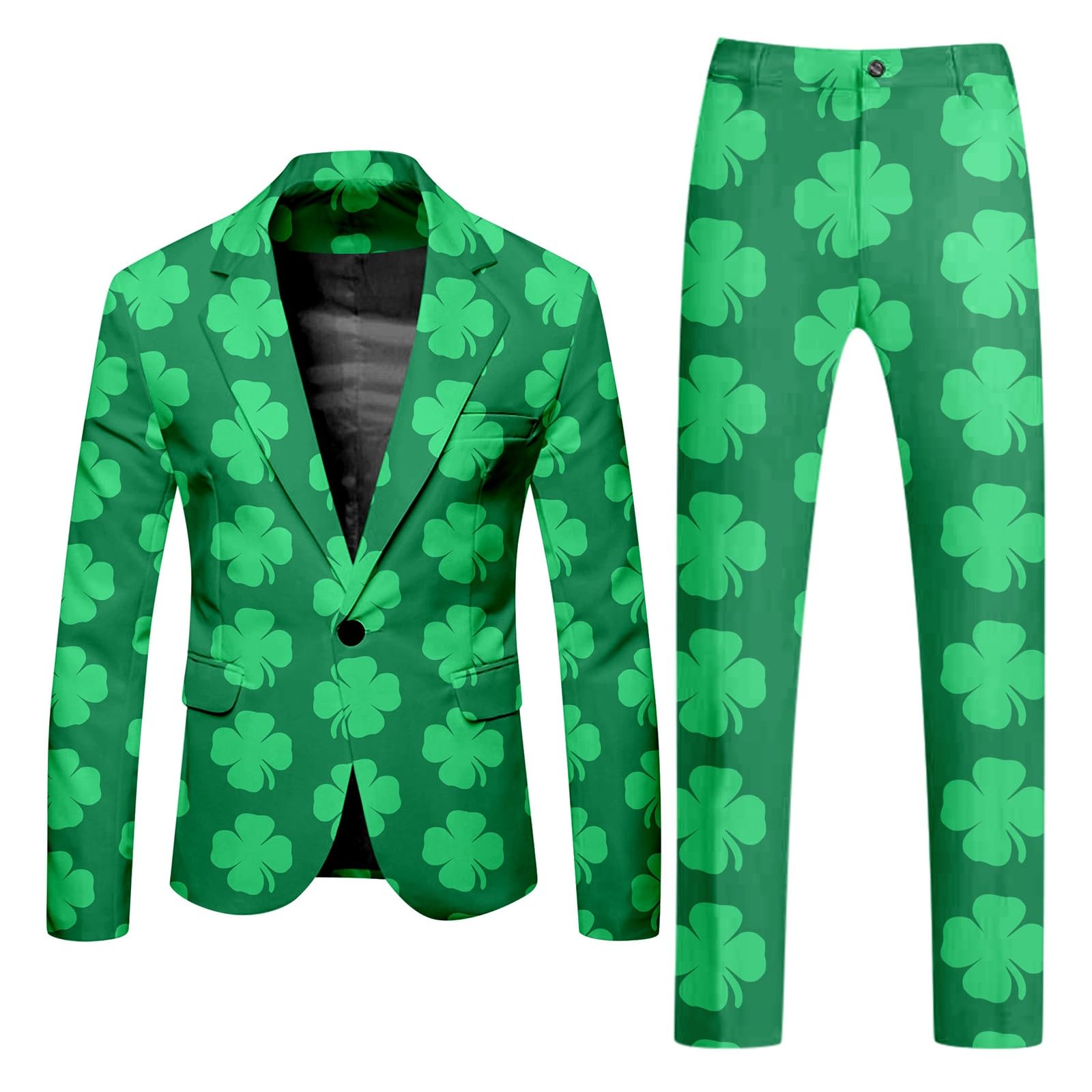 Mens St. Patrick's Day Formal Suit Set, 2-Piece Irish Clover Printed Blazer with Lapel & Wide Leg Trousers, Shamrock Fancy Dress Outfit Elegant Green Theme Costume Attire for Spring Party