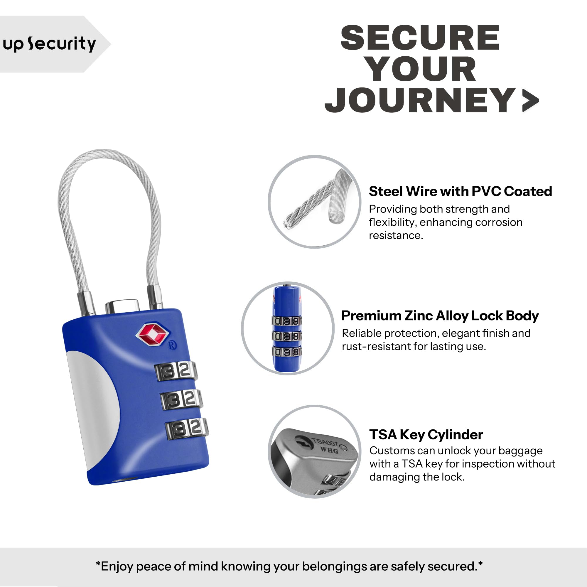 UP Security TSA Approved Locks for Luggage Small Combo Lock with Code, Travel Padlock with Cable - Image 4