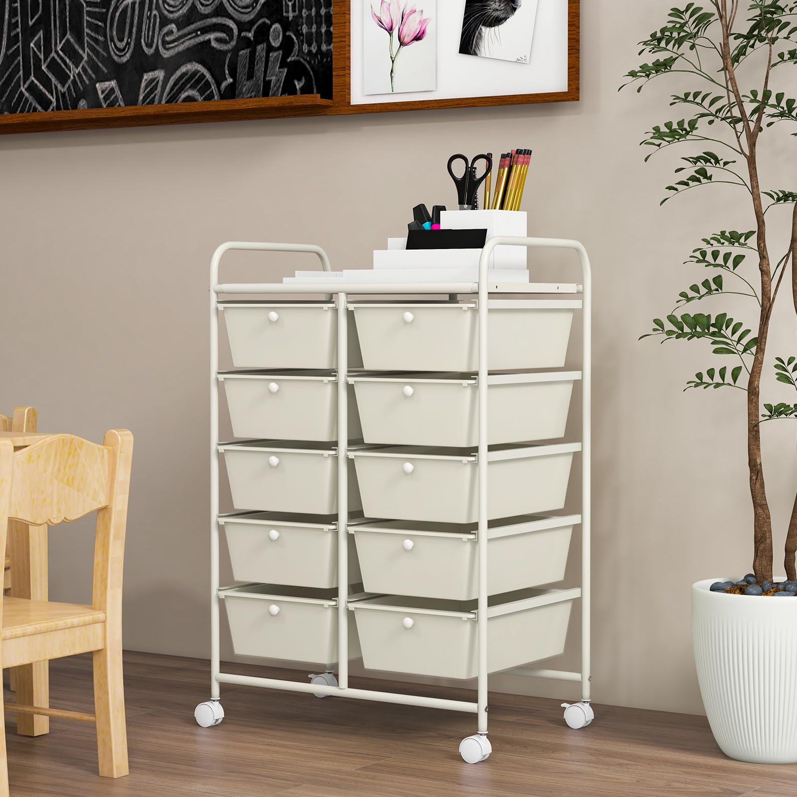 COSTWAY Carrello a 10 Cassetti con Ruote, di Stoccaggio con Stabilità Elevata, Multiuso per Casa Ufficio e Scuola, 65,5 x 37 x 87 cm (Bianco)