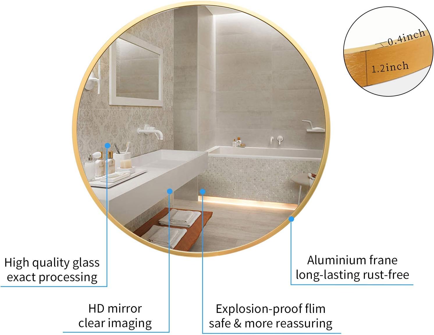 BEAUTYPEAK Circle Mirror Gold 24 Inch Wall Mounted Round Mirror with Brushed Metal Frame for Bathroom, Vanity, Living Room, Bedroom, Entryway Wall Decor (Gold, 24 Inches) : Home & Kitchen