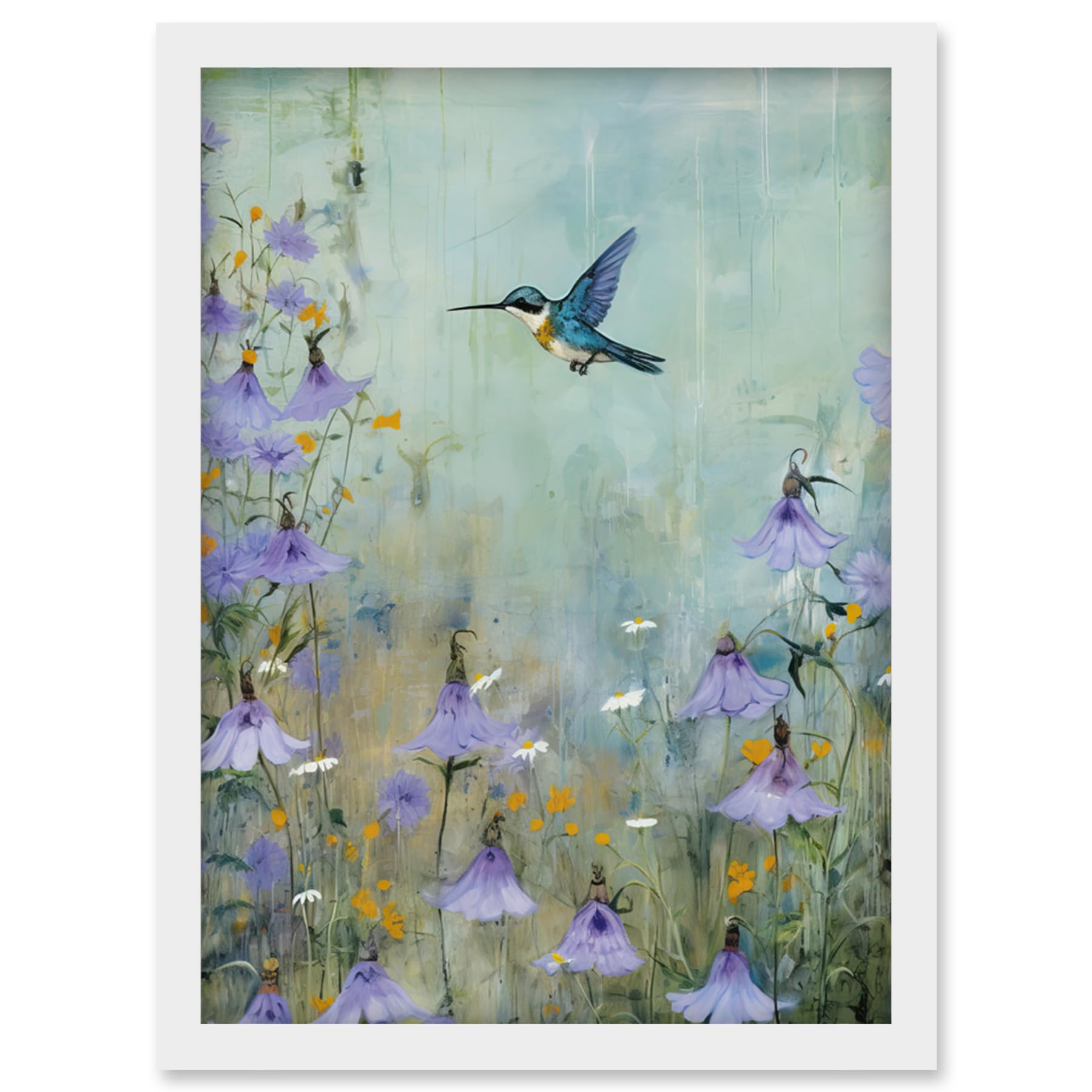 Artery8 Bluebell Hummingbird Pastel Painting Nectar Flowers Field Oil Painting Colour Artwork Framed Wall Art Print A4