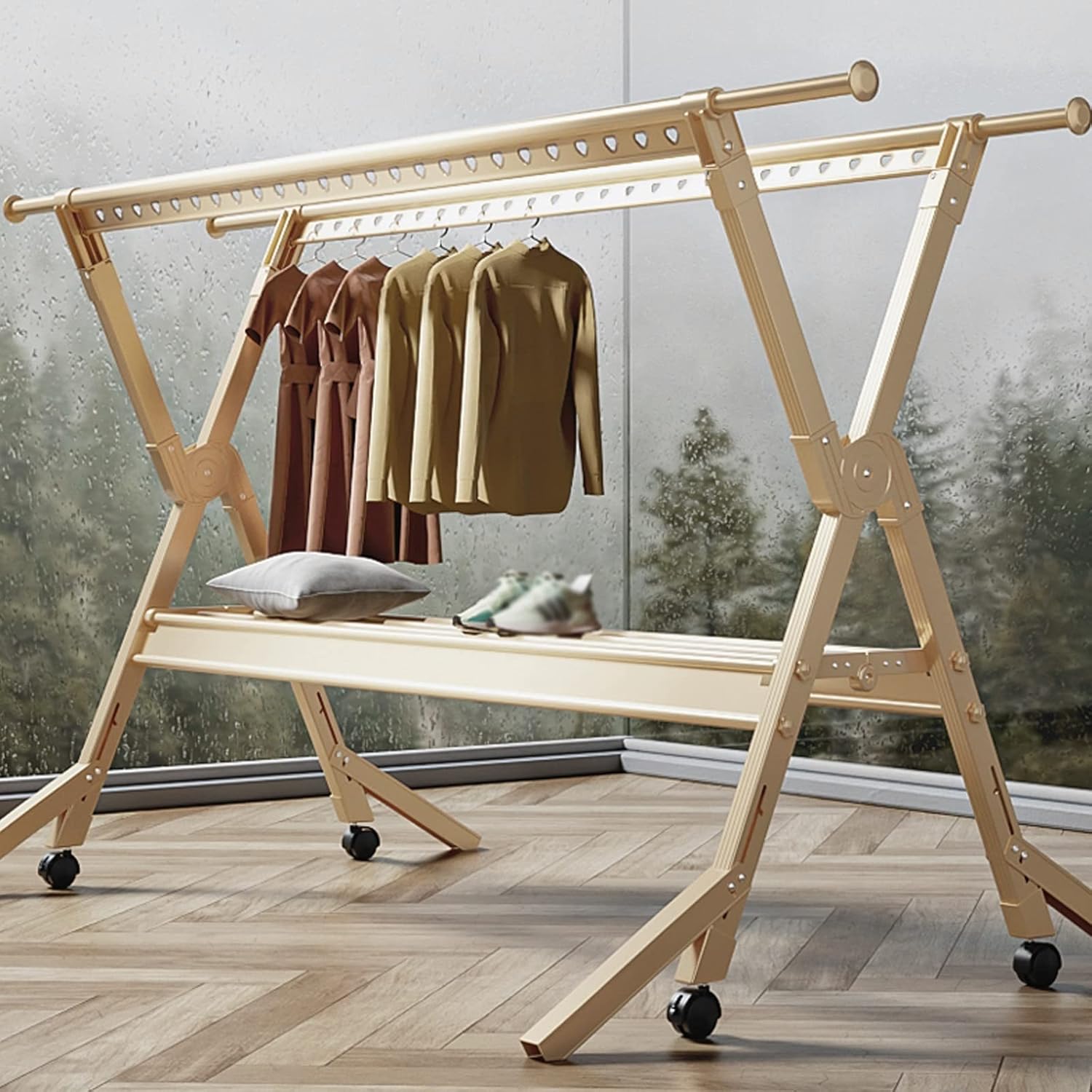 Foldable Portable Clothes Horse Airer - Space Saving Aluminium Alloy Drying Rack, Extendable Movable Clothing Dryer for Laundry, Bathroom & Balcony with 4 Castors