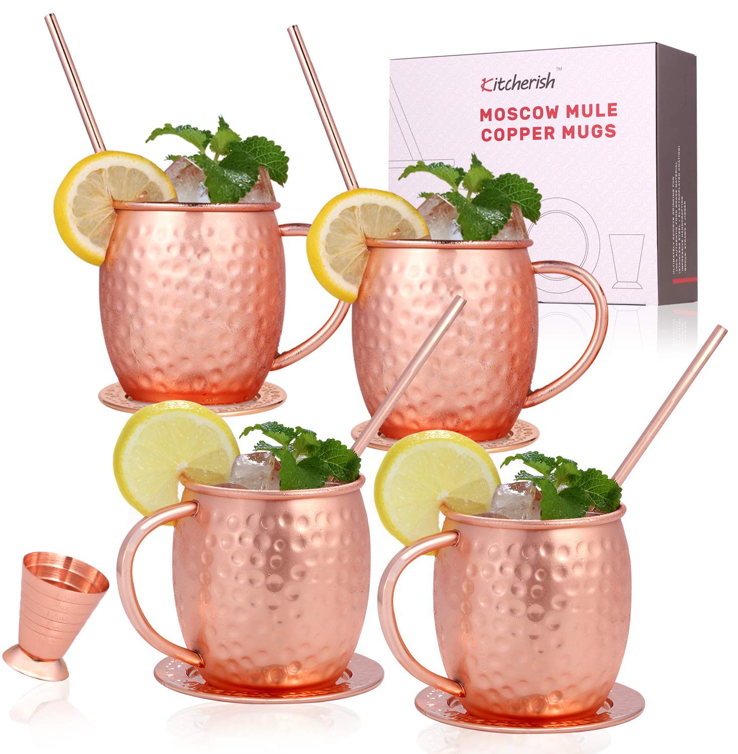 Kitcherish Moscow Mule Mugs Set of 4, Large Size18 oz, [Gift Set] Hammered Solid 100% Copper Cups Set / 4 Straws, 4 Coasters, 1 Shot Glass, 1 Spoon, 1 Cleaning Brush for DIY Cool Drinks