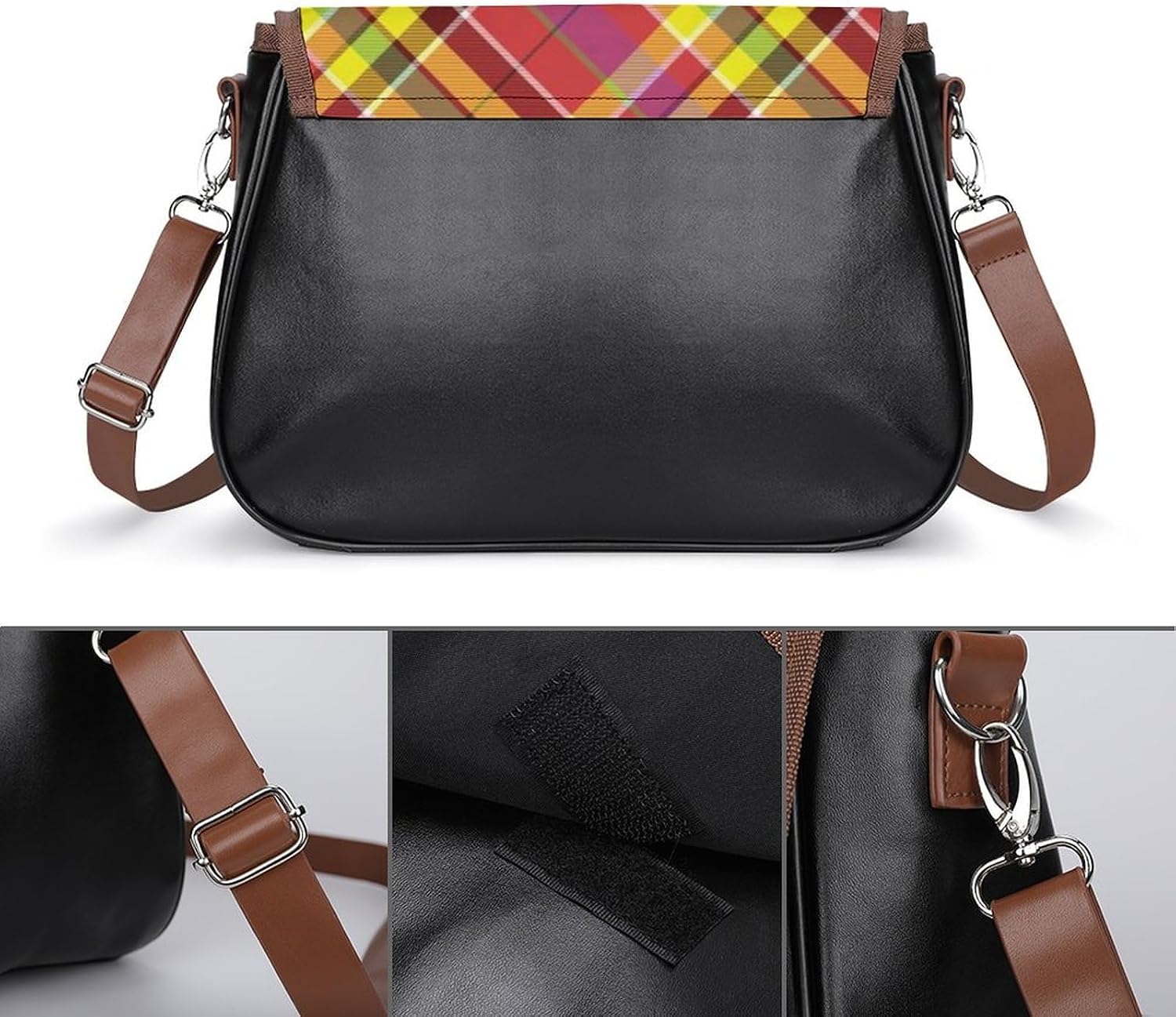 Madras-colored-plaidWomen's Faux Leather Crossbody Bag, Waterproof Wrinkle-Resistant Shoulder Bag with Detachable Strap, Large Capacity Casual Handbag, Fashion Daily Purse for Shopping Work Dating, Id