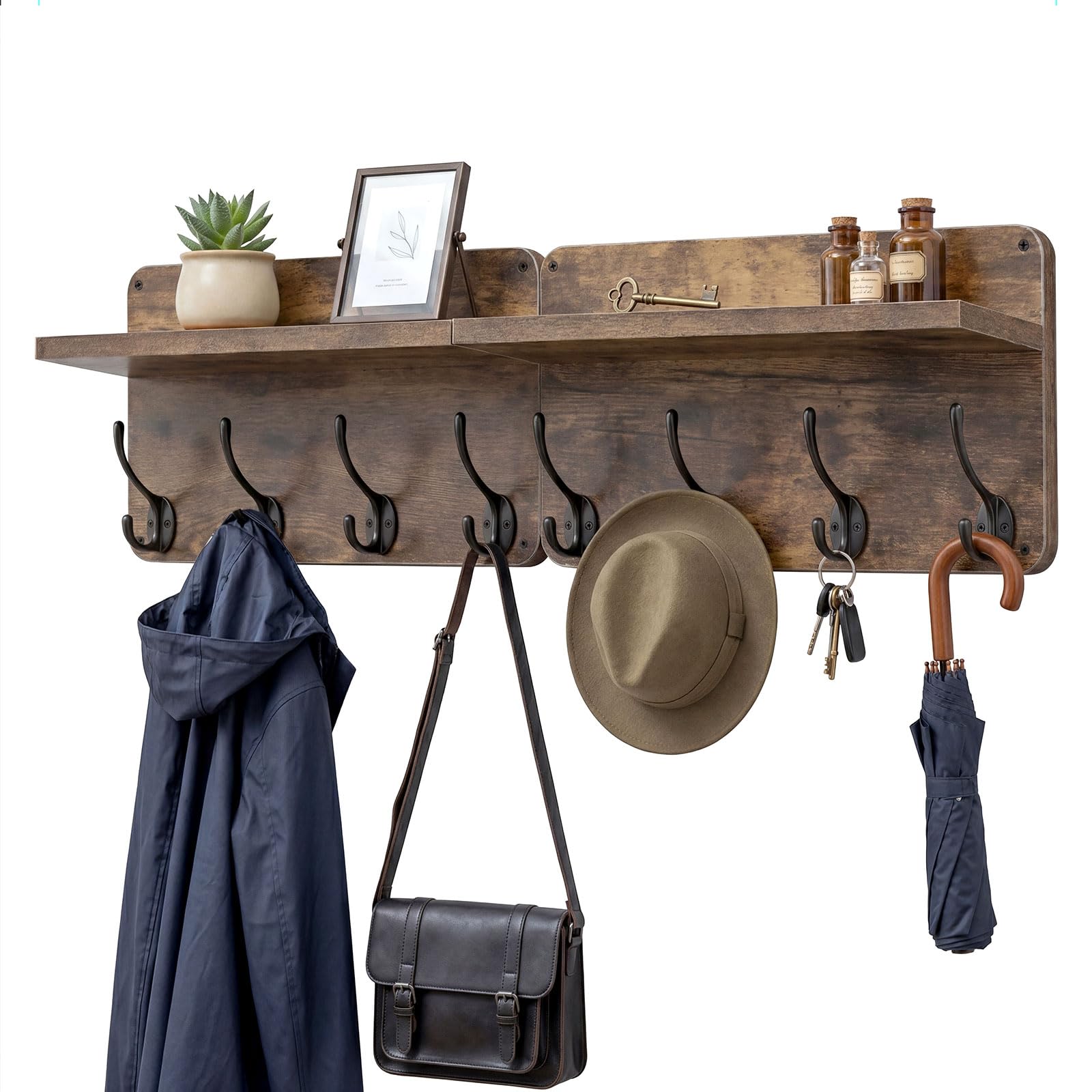 Levede Wall Mounted Coat Rack with Shelf 2-Pack, Entryway Organiser, 80cm Floating Shelf with 8 Hooks, Heavy-Duty Holds 10kg per Hook, for Hallway, Bedroom, Living Room