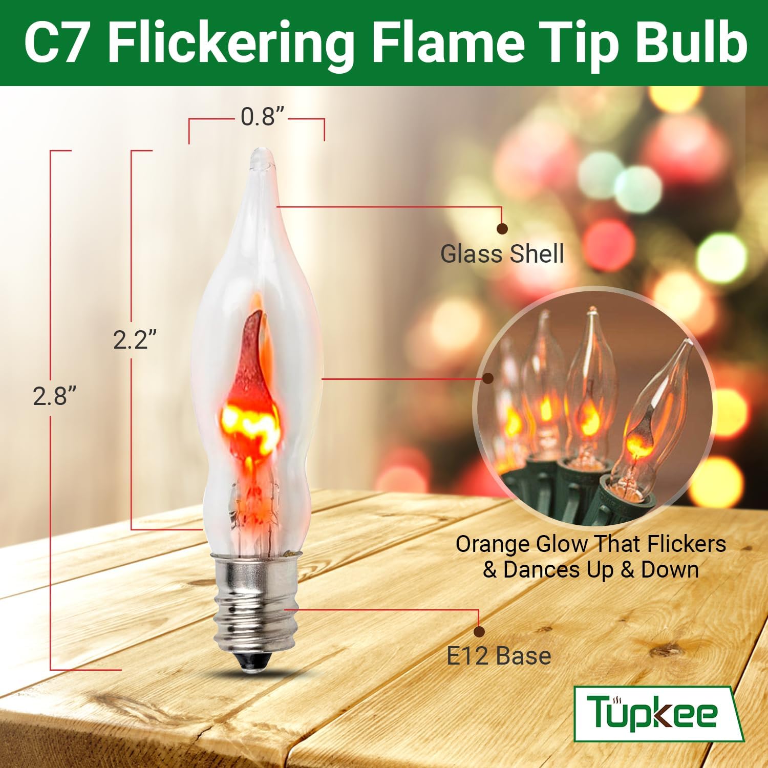 Tupkee C7 Flickering Flame Tip Bulb - 1W, Incandescent Light Bulb with Orange Glow That Flickers and Dances Up and Down - Replacement for E12 Base Halloween, Christmas Candolier Window Candle - 2/Pkg