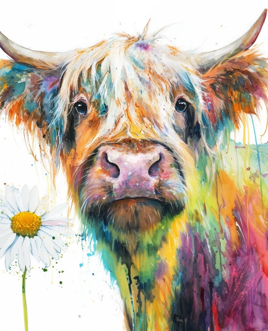WANGWANGMIAO Paint by Numbers Kits 40x50 cm Rainbow Cow DaisyCanvas DIY Acrylic Painting for Adults with Paints Brushes and Card Sized Magnifier，with Frame