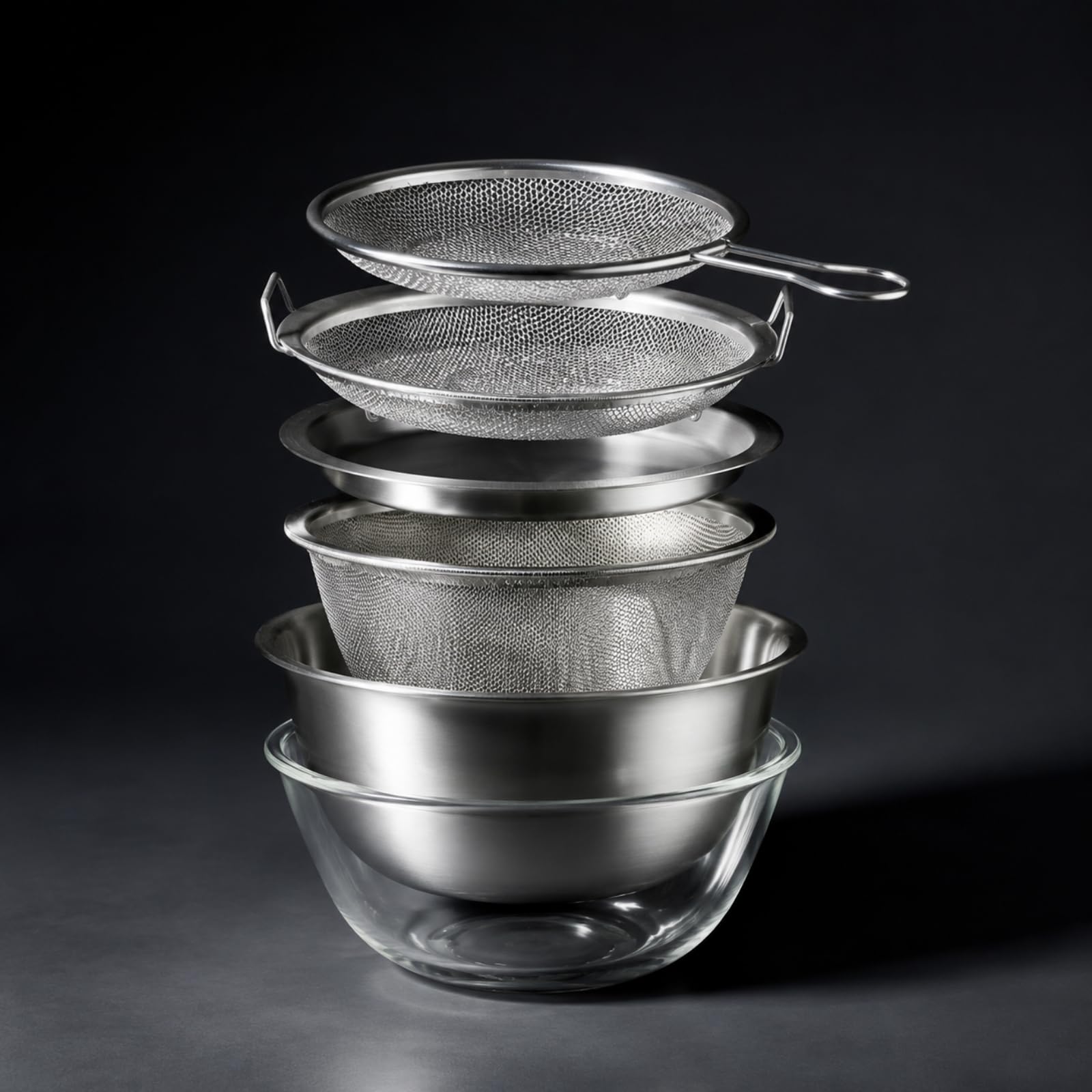 6 Pezzi Set da in Acciaio Acciaio Inossidabile Borosilicato Compatto Set da Impilabile con Cestino Drenante Salvaspazio Scolapasta