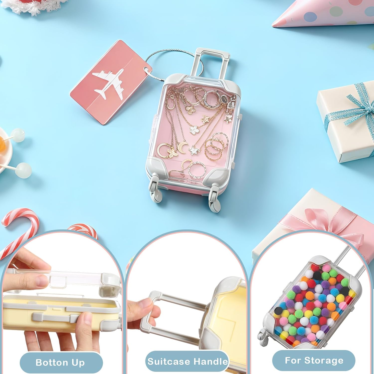 Teecyhooo 12 Pcs Mini Suitcase Party Favor Boxes and 12 Pcs Metal Luggage Tags with Card, Clear Mini Luggage Gift Boxes for Girls Wedding Travel Birthdays (6.69 x 3.74 x 1.97 Inch,Colorful)