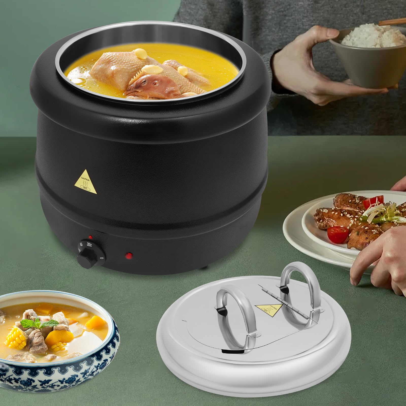 Casserole électrique 13 l Plage de température de 95-176 °F Noir | 400 W Cuisinière électrique en acier inoxydable pour grandes cuisines, restaurants, cafés, réunions de famille, fêtes