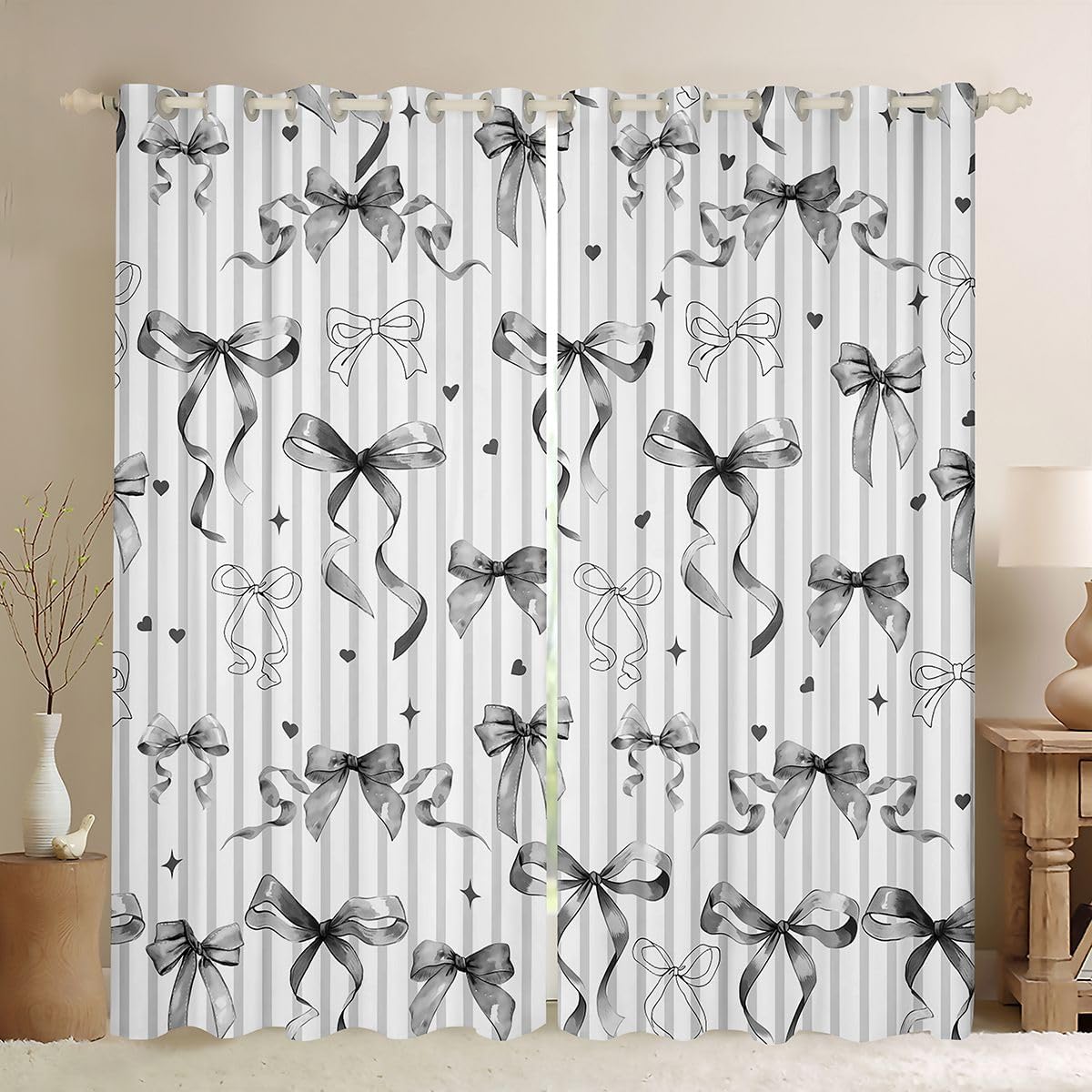 Feelyou Girls Black Bow Curtains for Bedroom Living Room Bow Knot Blackout Darkening Drapes Black White Stripes Window Treatments, 2 Panels 38 x 45 Inch Coquette Aesthetic Room Decor Gift for Girls