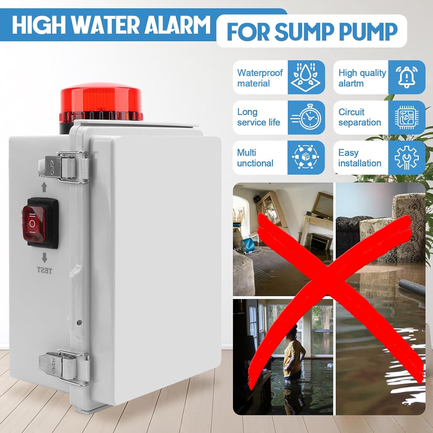 Septic Pump Alarm，Sump Pump Alarm with Pump Control Panel， High Water Septic Tank Alarm Featuring 110DB Water Level Alarm，Indoor/Outdoor Alarm Light for Sump,