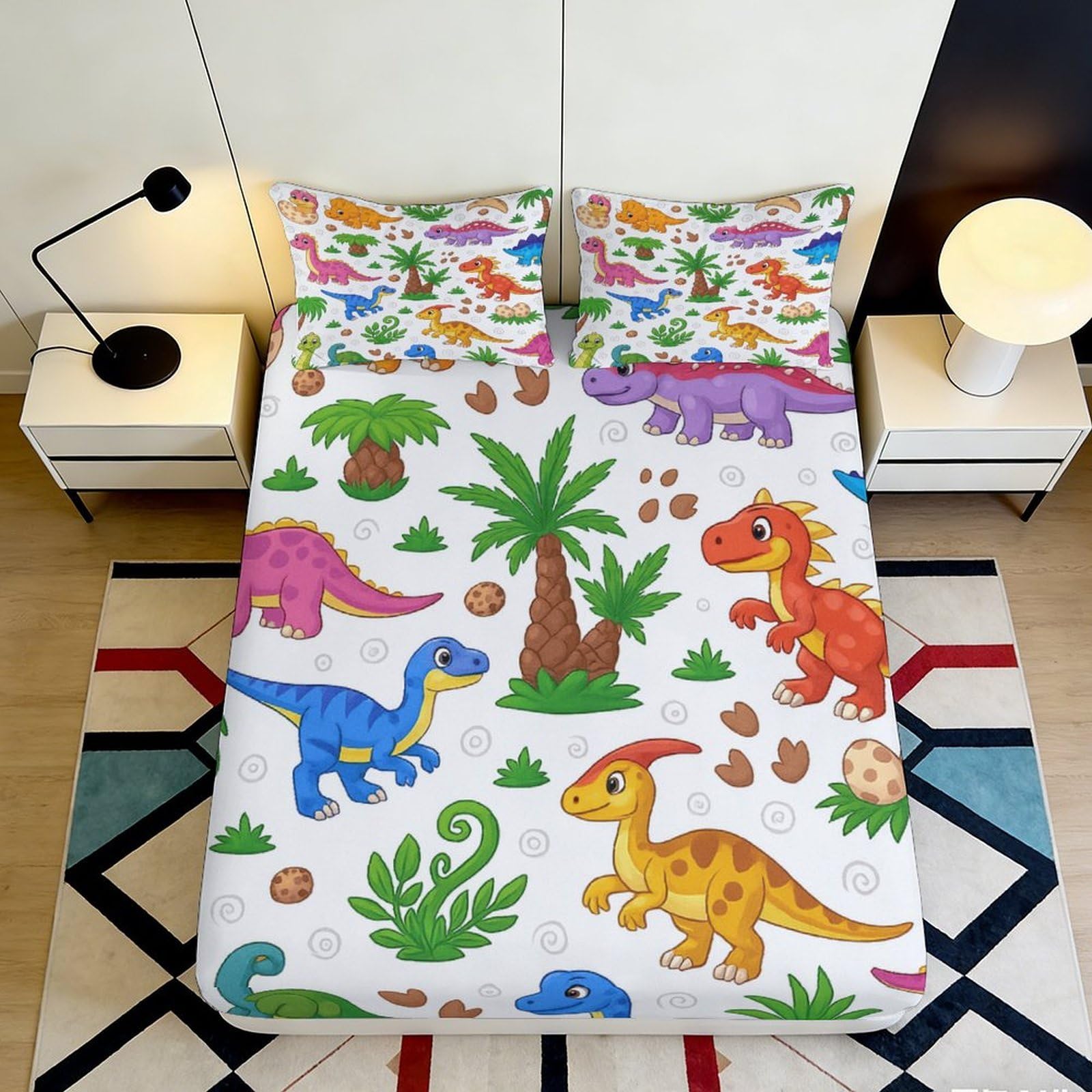 Jqzkxnhpbr Style-6 3D Printed Colourful Dinosaur Fitted Sheet Microfiber Soft Anti-Slip Cartoon Jurassic Bed Cover For Bedroom Dorm Decor 90X200x25cm