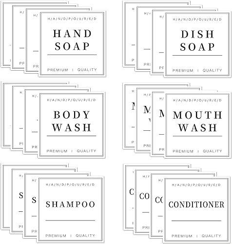 TESWEY 24 etiquetas impermeables impresas para botellas, dispensador de jabón de baño, etiquetas de organización, etiquetas para jabón de manos,