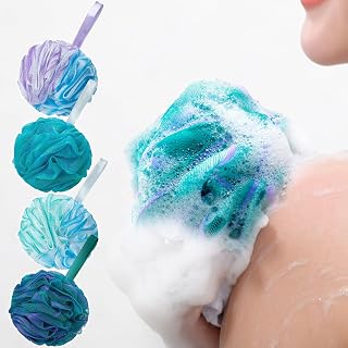 4PCS Loofah Sponge 60g Bath Sponge Shower Loofahs 60g Mesh Pouf Bath Scrunchies Body Wash Puff Shower Set of 4 Flower Color