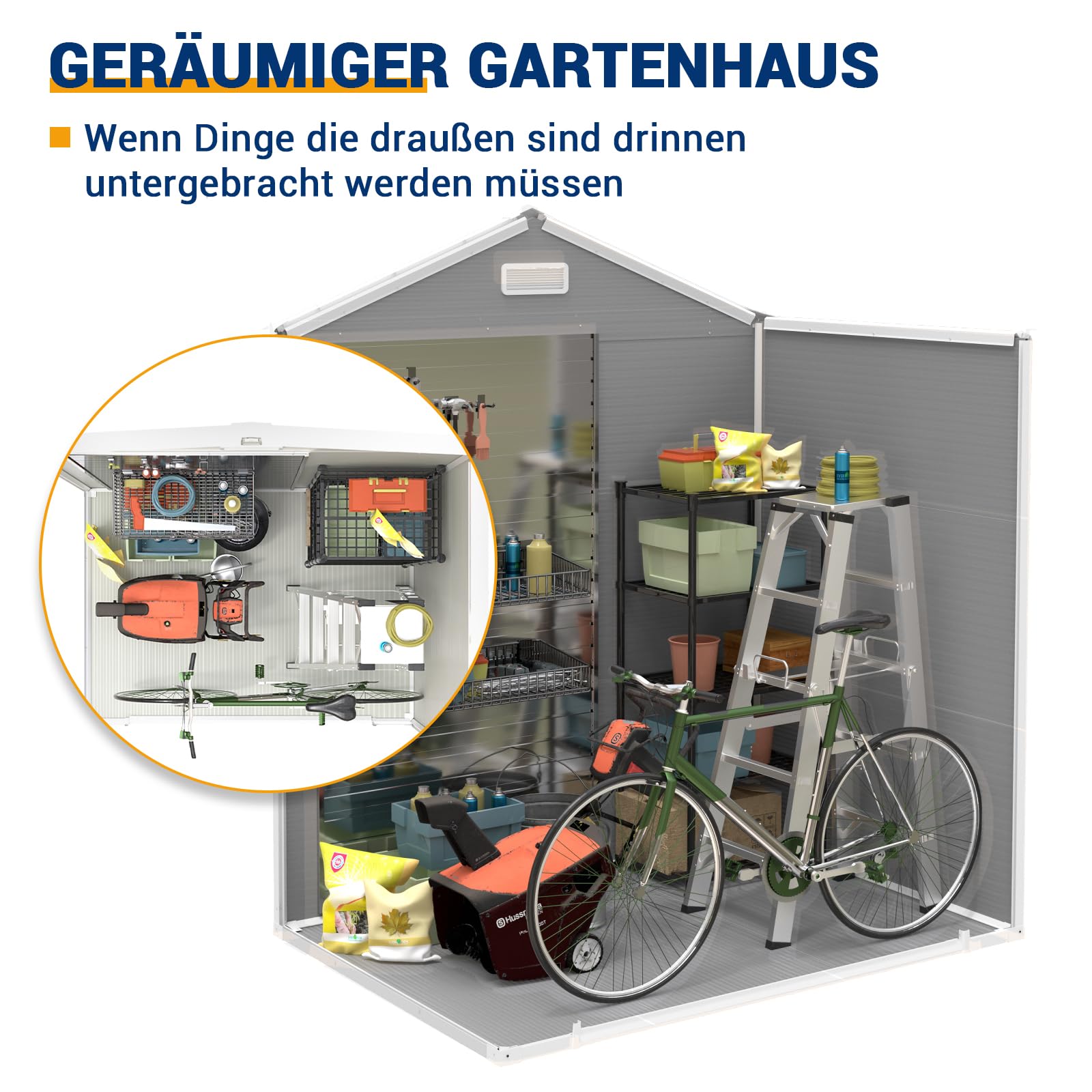 UDPATIO Gartenhaus wetterfest 183 x 137 x 210 cm, 3.9 m³, Kunststoff-Harz außerhalb Schuppen & Outdoor-Lagerung für Mülleimer,Rasenmäher mit abschließbarer Tür für Rasen, Terrasse, Grau & Weiß