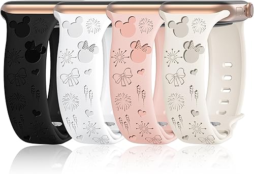 Paquete de 4 correas de silicona grabadas compatibles con Apple Watch de 1.575 pulgadas, 1.496 pulgadas, 1.614 pulgadas, 1.654 pulgadas, 1.732