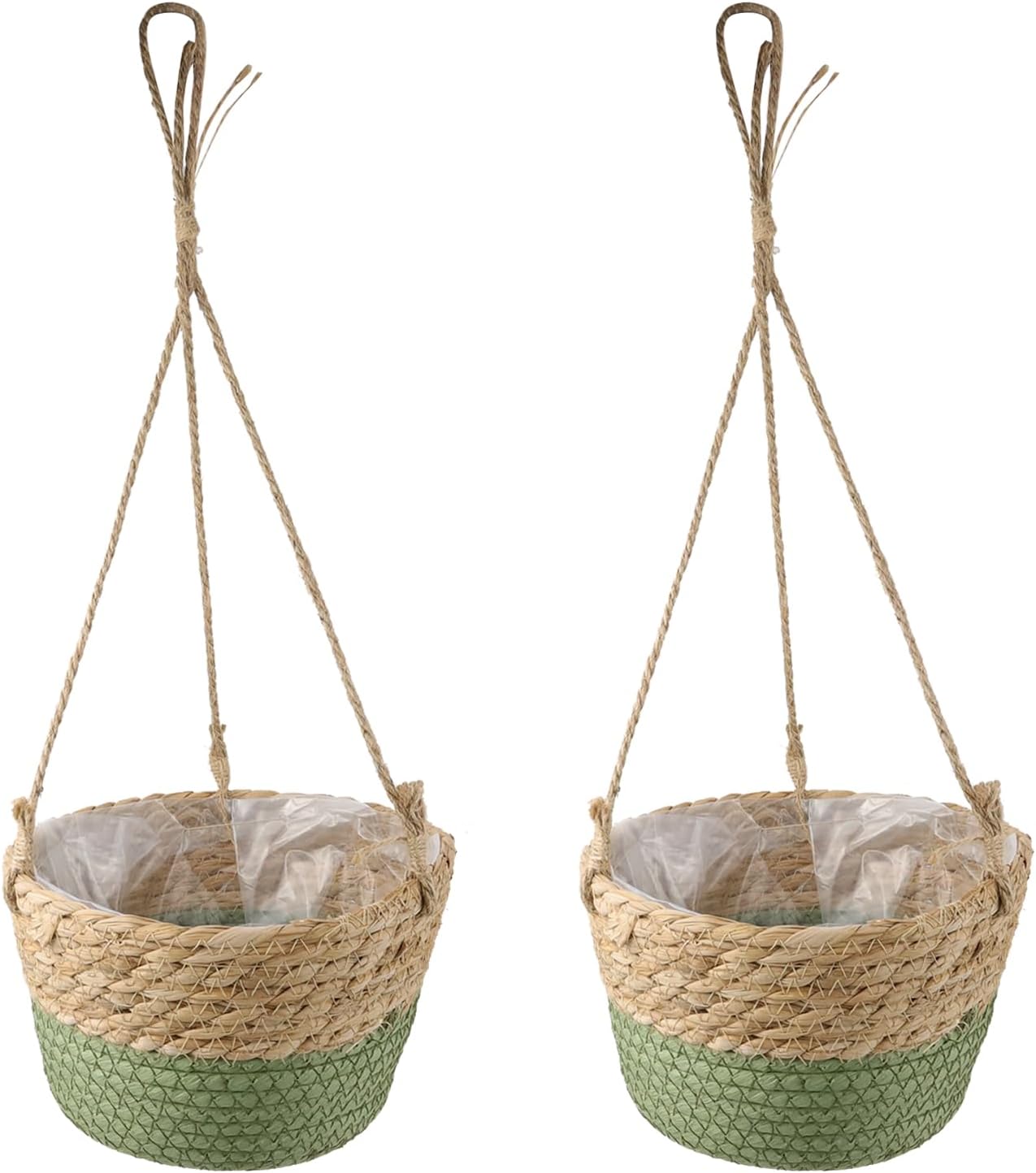 MY MIRONEY 2PCS Hanging Planter Basket Natural Seagrass Woven Plant Pot Hanger Hanging Plant Holder with Twine for Home Decor, Indoor & Outdoor Use, 8.11" x 4.96", Khaki