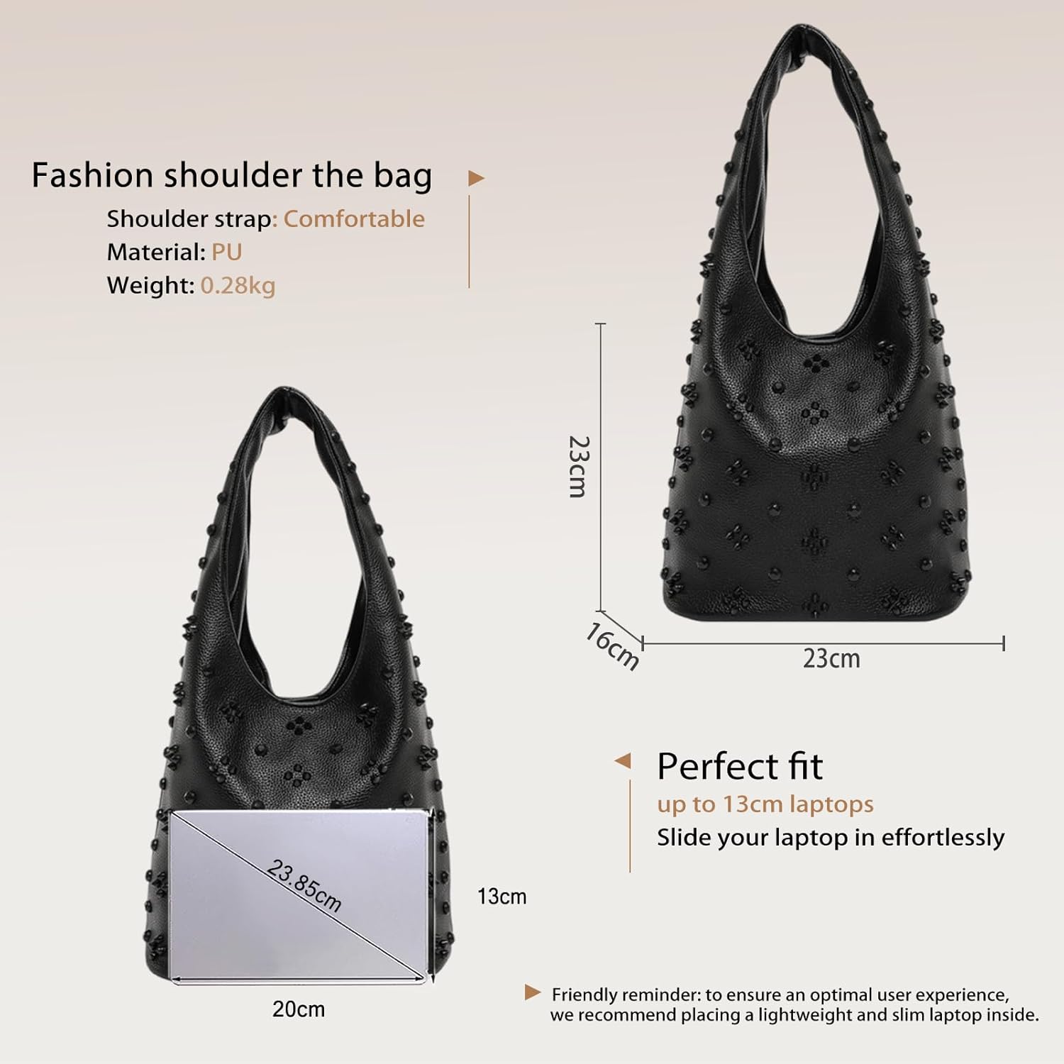 Women's PU Leather Handbag Fashionable Stud-Embellished Shoulder Underarm Bag Small Capacity Bucket Top Handle Bag - Image 3