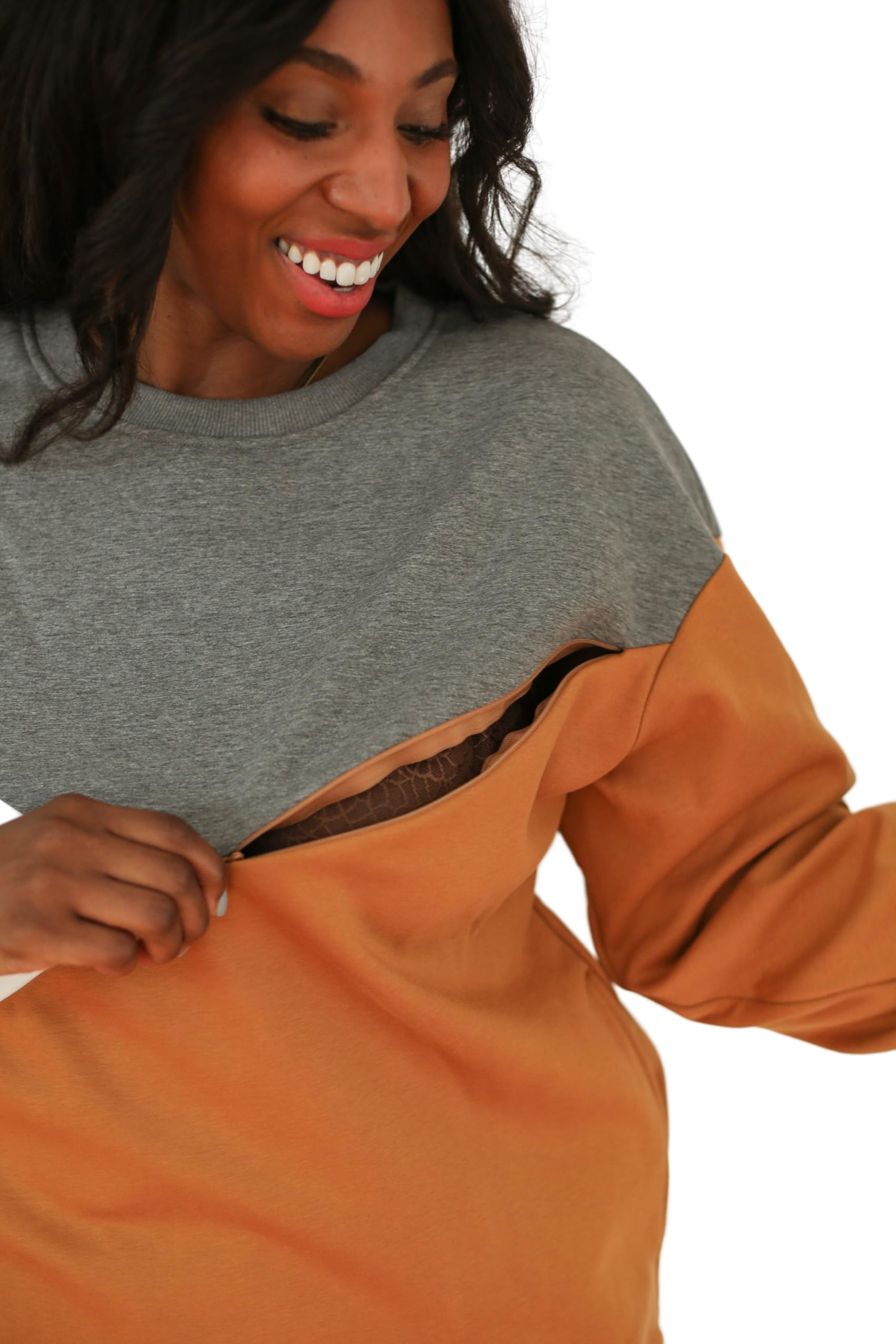 Movemama Damen Still-Sweatshirt Colorblock diagonaler Reißverschluss Velours-Innenseite